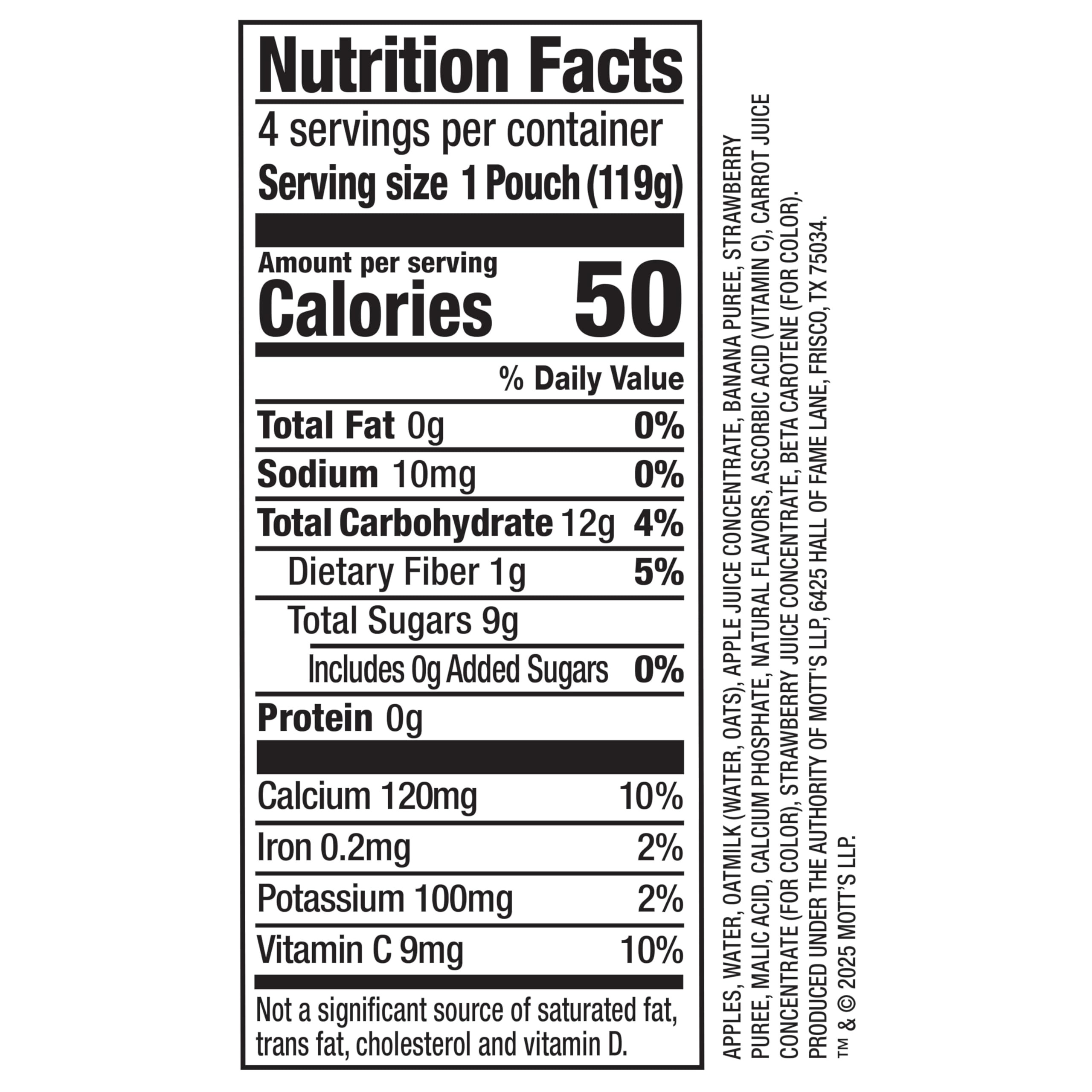 Mott’s Fruit Smoothies Strawberry Banana, 4.2 oz clear pouches, 4 Pack, Non-dairy, Made With Oatmilk, Made With Real Fruit, Good Source of Calcium, On-the-Go