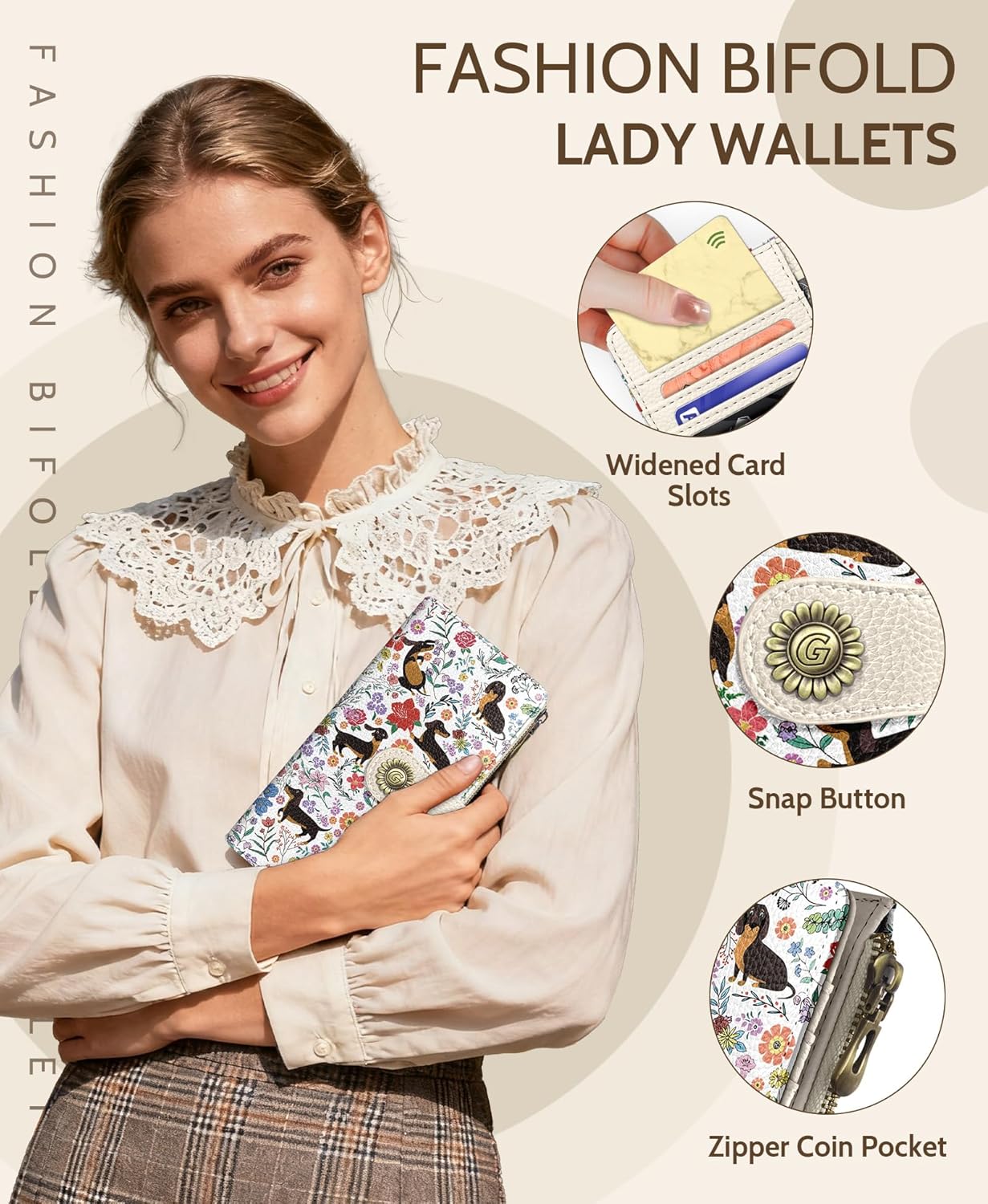 GIANCOMICS Dachshunds Dog Womens Wallet RFID Blocking, Puppy Flower Credit Card Holder Bifold, PU Leather Travel Billfold, Long Cute Cash Purse, Zipper Coin Pocket Clutch, Card Slot, Ladies Gift Woman - Image 6