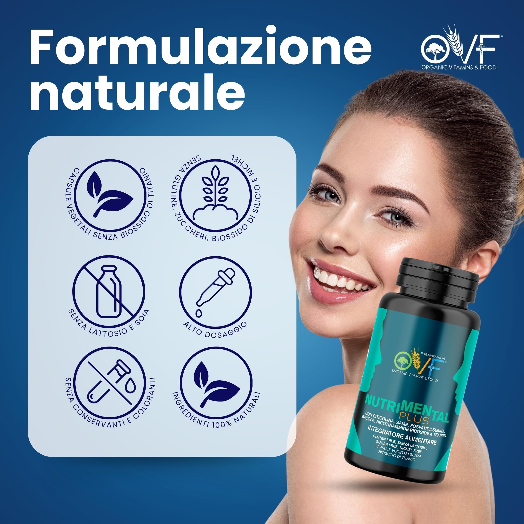 OVF Nutrimental Plus 500mg di Citicolina 60 cps, Integratore Studio Memoria e Concentrazione, contro la Stanchezza Mentale con Fosfatidilserina e Bacopa - per Ragazzi, Universitari, Studenti e Adulti