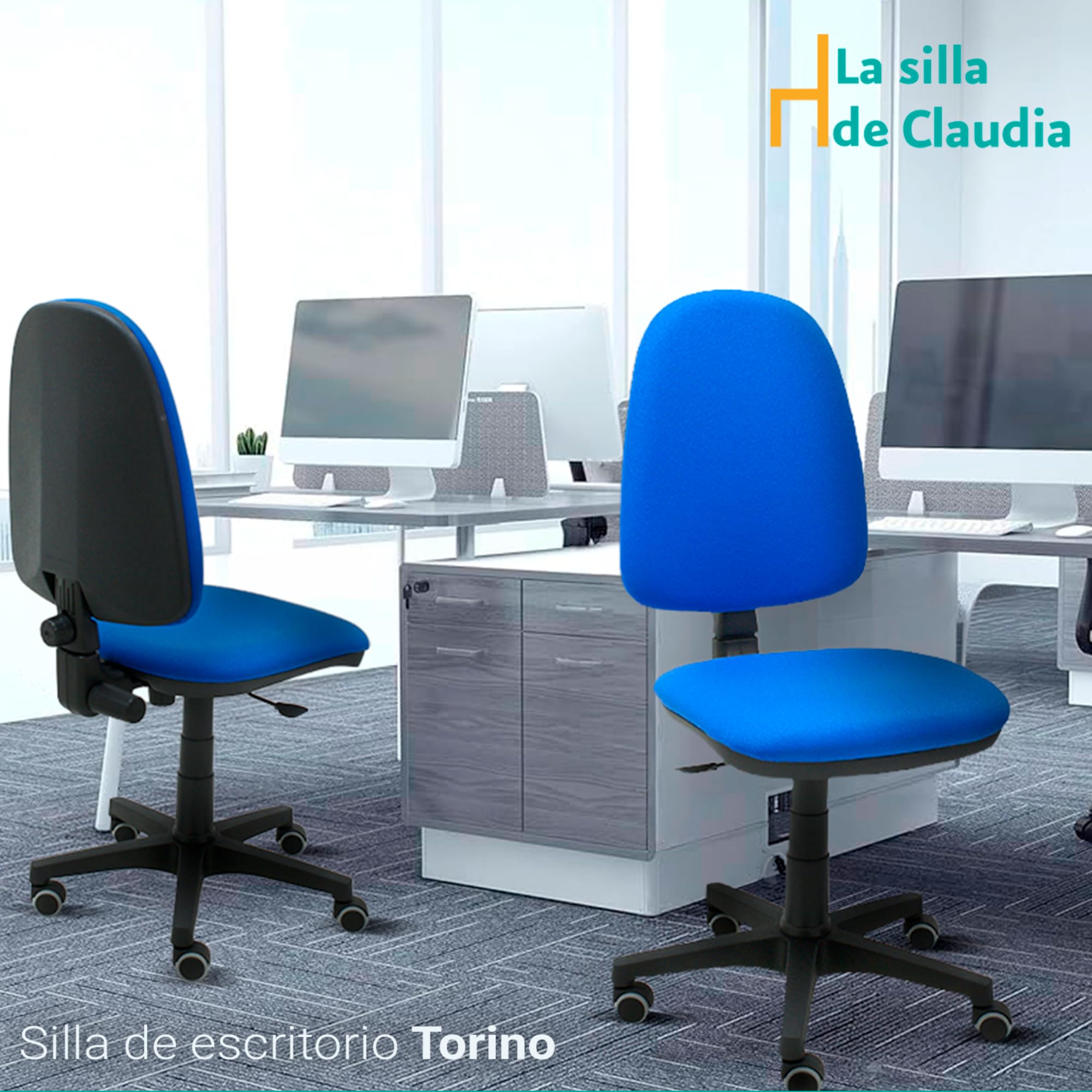 La Silla de Claudia | Silla Escritorio Ergonomica Torino | Ideal para Oficina | Respaldo Ajustable en Altura, Inclinación y Profundidad | Asiento Regulable en Altura (Azul, Sin Brazos)