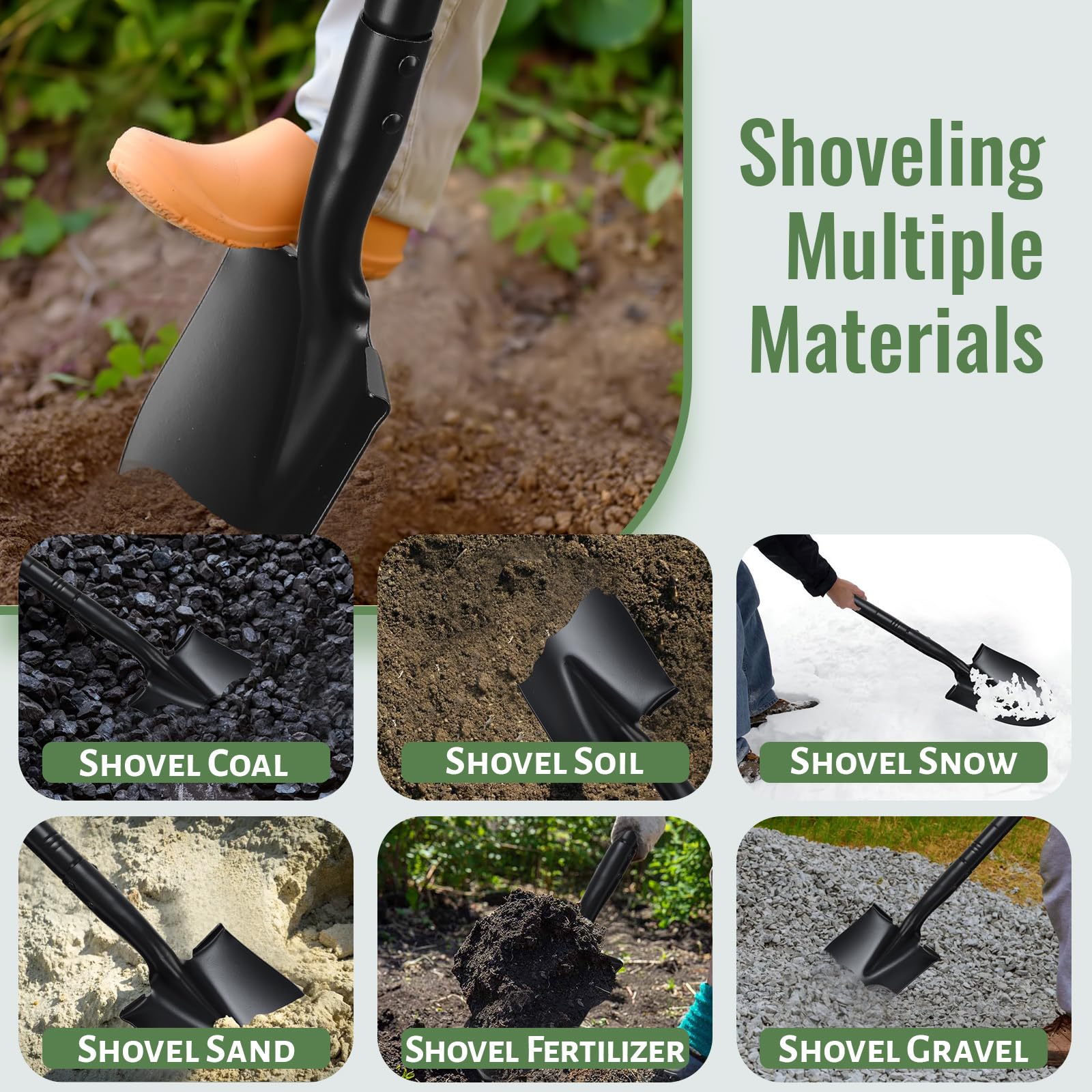 Piccole pale per scavare, pala da giardino con manico da 110 cm, resistente pala in metallo portatile per giardinaggio, campeggio, scavo paesaggistico, uso fuoristrada, nero
