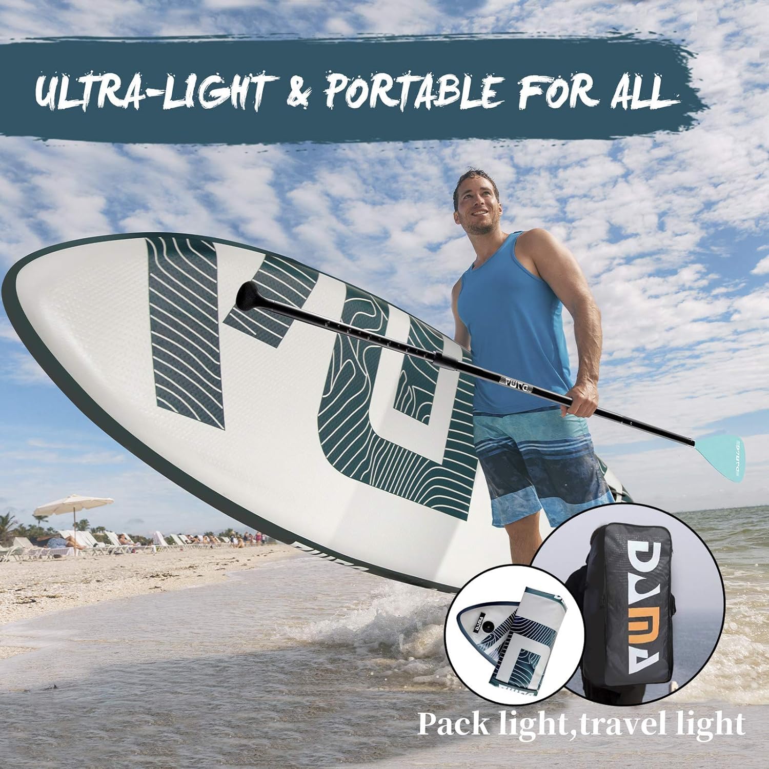 DAMA Adventure Gray Tabla de Paddle Surf Hinchable, Sup Paddle Board Inflable 320 x 81 x 15 cm, Antideslizante, hasta 145 kg, 3 Aletas, Remo, Bomba, Mochila, Correa de Seguridad y Funda Móvil