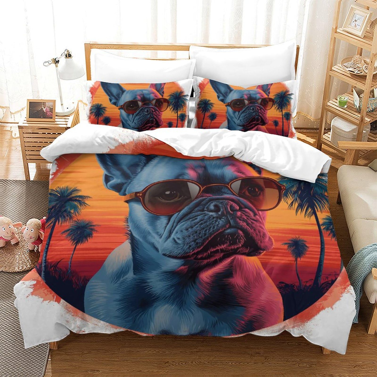 Parure de lit bouledogue français 200x200cm avec housse de couette 3D et taies