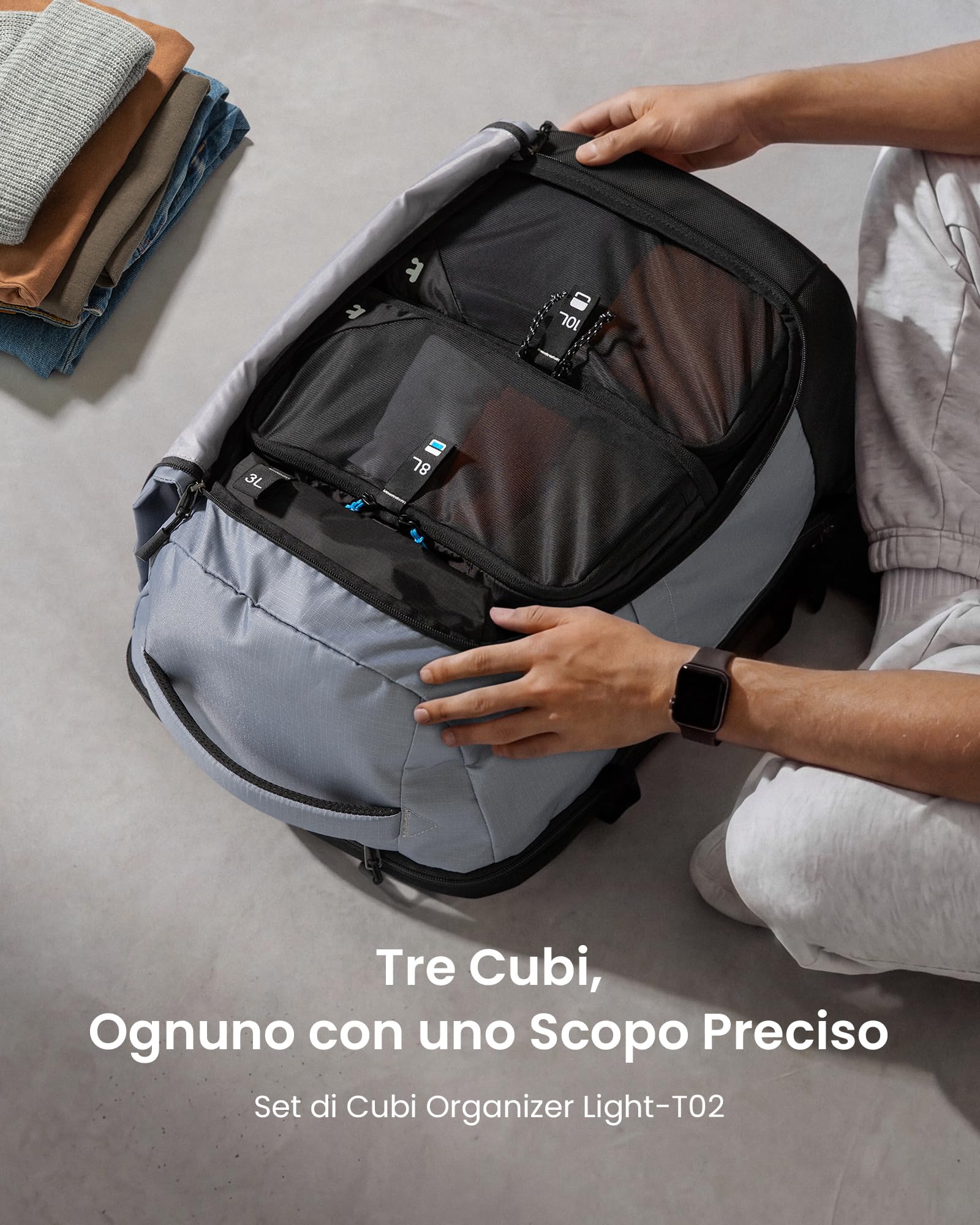 tomtoc Organizer Valigia Set di 3, Packing Cubes Compression, Organizer Viaggio Antiodore, Sacchetti per Vestiti kit Viaggio, Organizer Valigia Salvaspazio, Buste Vestiti, Organizer Zaino
