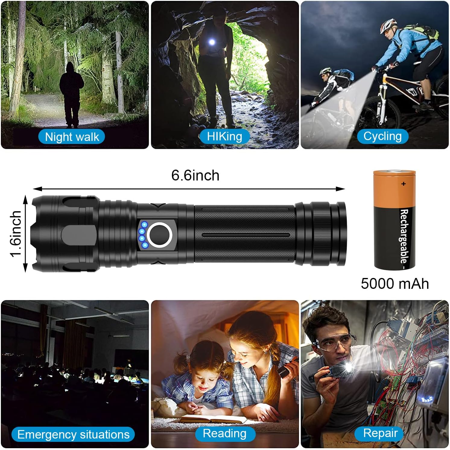 XHP50 Rechargeable High Lumens Flashlights, Super Bright Zoomable IPX5 Waterproof LED Flashlight with 5000mAh Batteries Included & 5 Modes, Powerful Handheld Flashlight for Camping Emergencies - - 