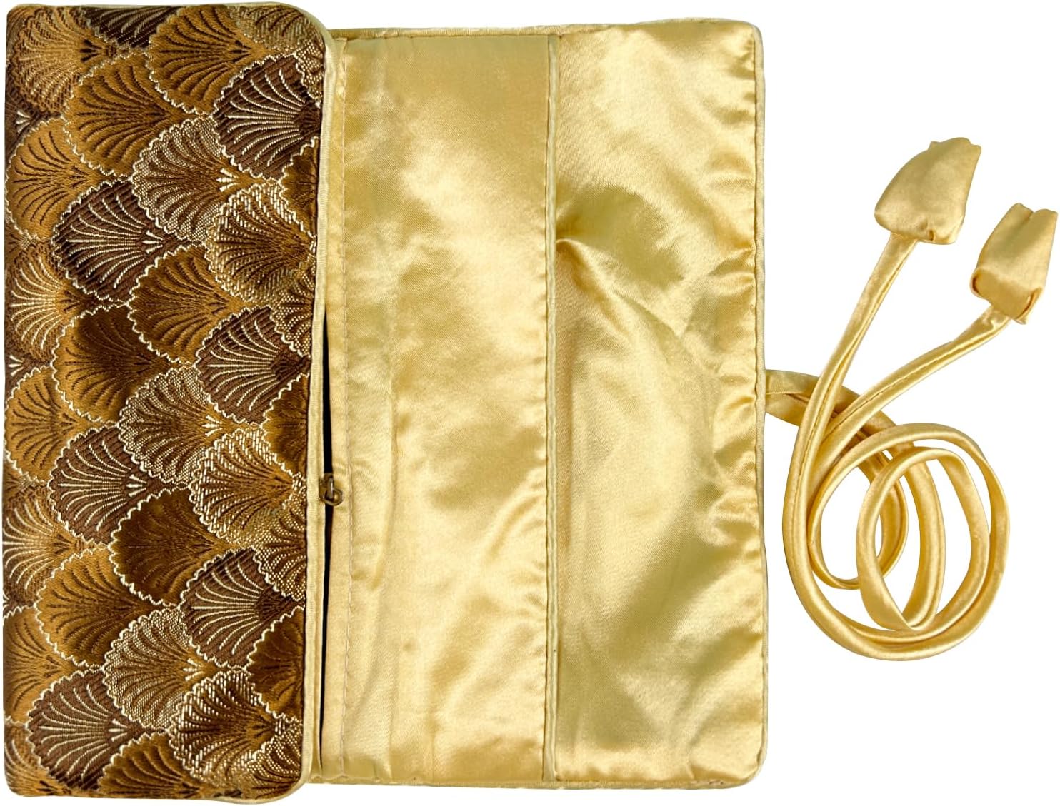 Wei Long Silk Travel Jewelry Roll Bag, Blue Sea Shell Jewelry Organizer Roll Foldable Jewelry Pouch for Traveling Rings & Necklaces & Earrings, Luxury Gift, Zipper Pockets Inside (Shell, Brown)