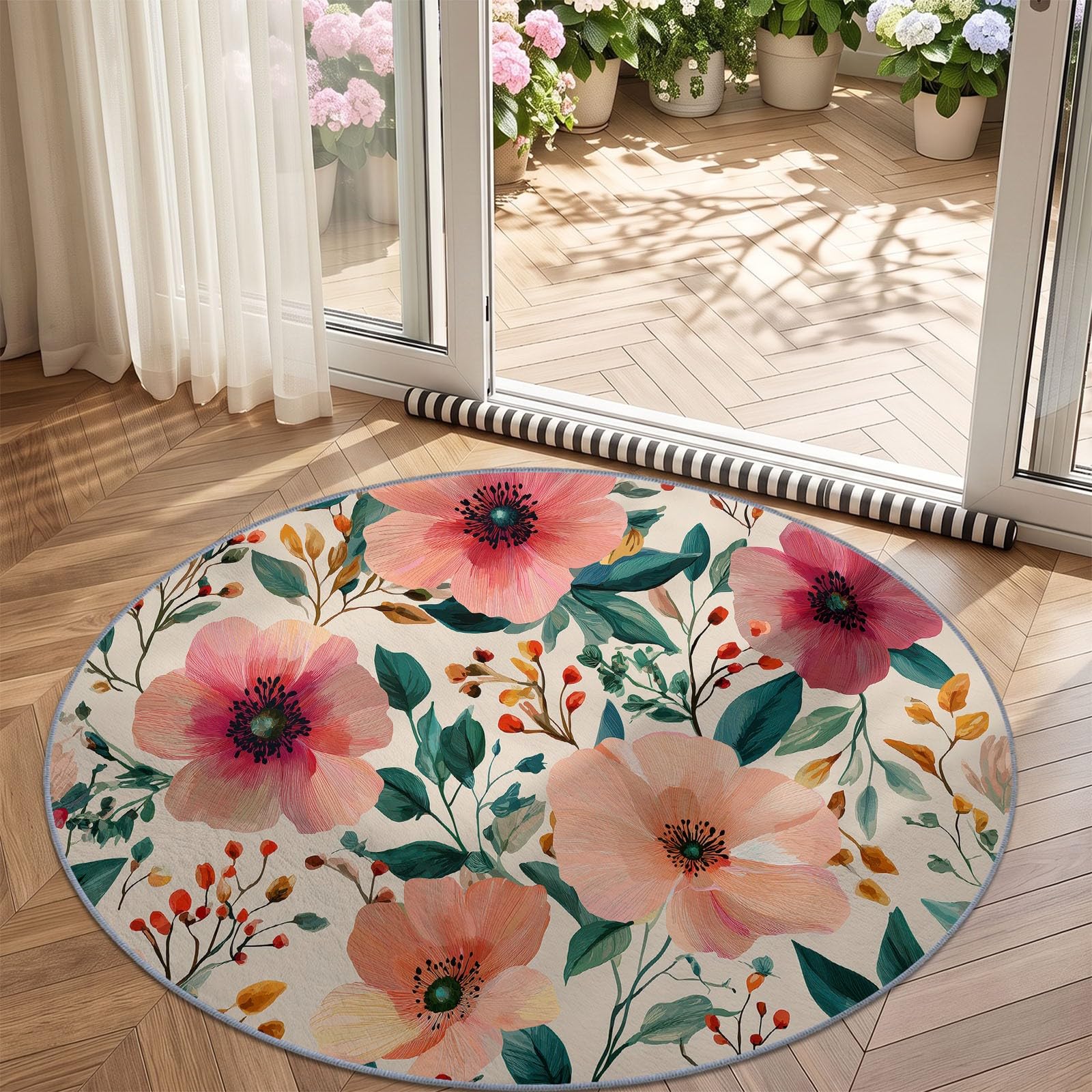 Générique Aquarelle Tapis Rond Salon 150 cm, Floral Feuilles Antidérapant Poils Courts Tapis De Sol Ronds Décoration, pour Salon Chambre Cuisine Balcon Terrasse, Beige