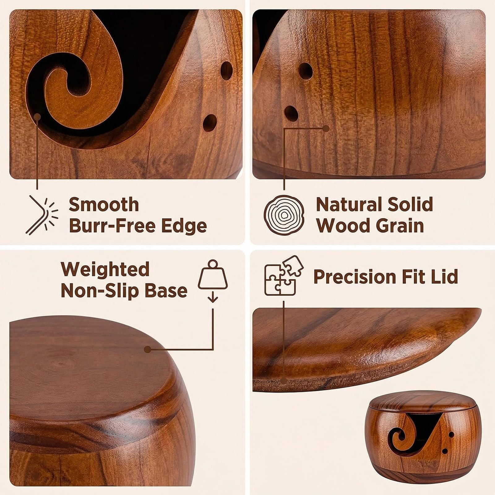 Cuenco para Tejer de Madera con Tapa, Cuenco de Hilo de 15 cm para Ganchillo y Tejer, diseño práctico para Almacenamiento de Hilos