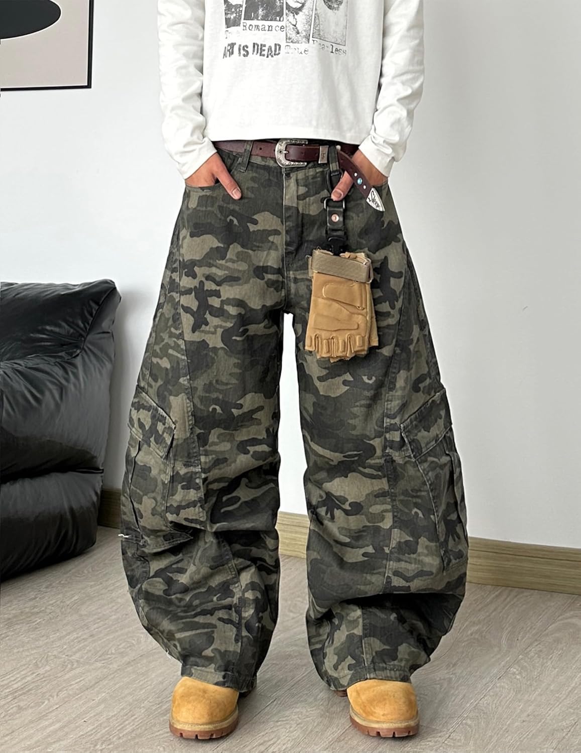 Mens Baggy Jeans Camouflage Loose Cargo Pants Hip Hop Wide Leg Trousers Mid Waist Skater Jeans - Image 4