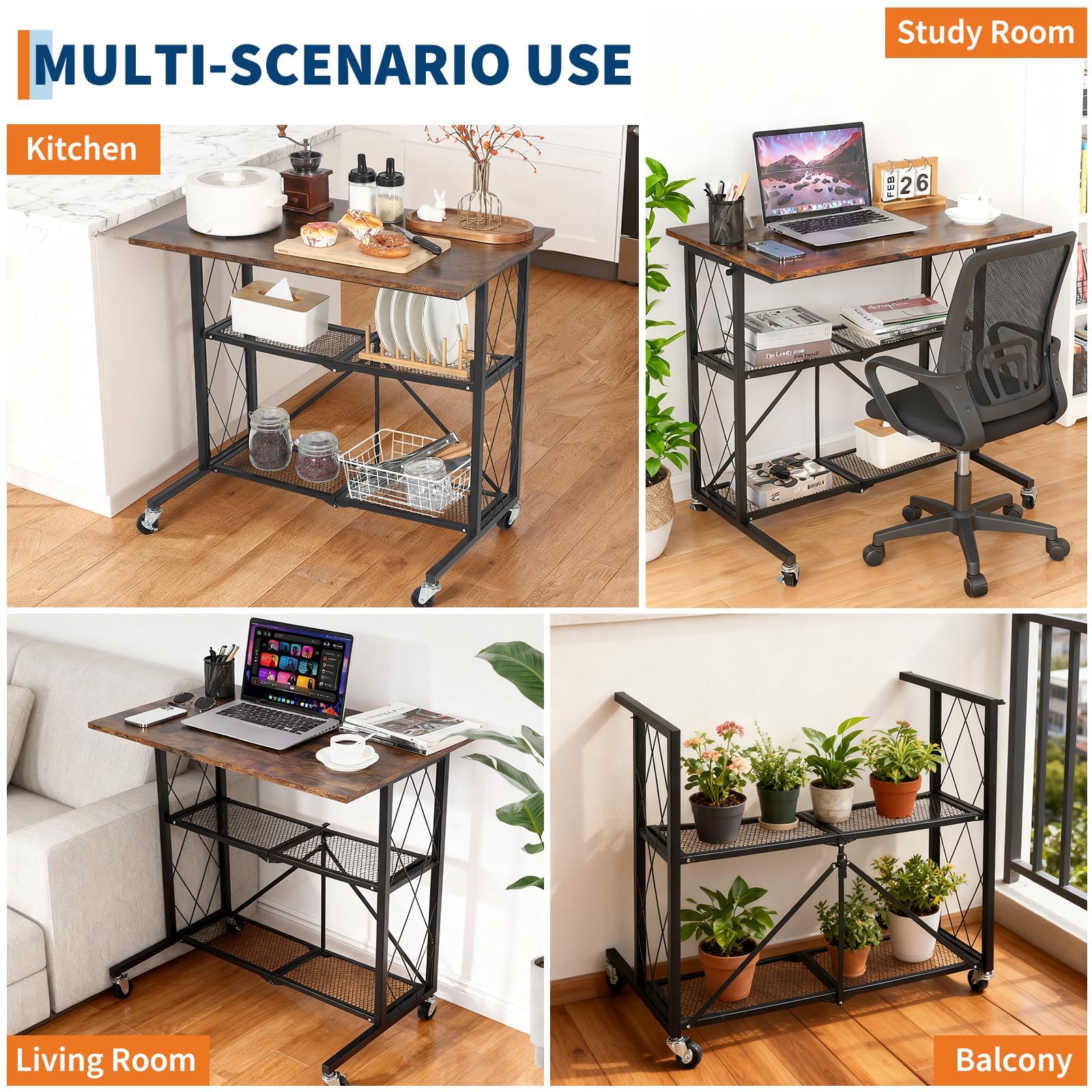 Bureau Informatique Pliable 31,5" sur roulettes – Poste de Travail 3 Niveaux avec étagères métal & paniers grillagés – sans Montage, Gain de Place – Blanc