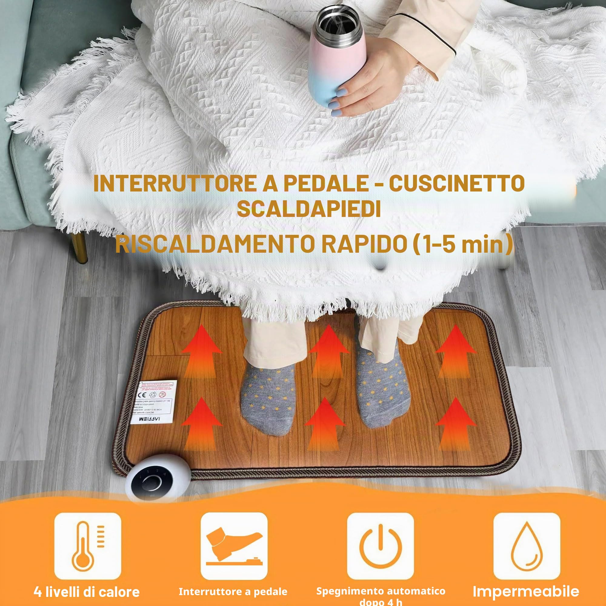 Scaldapiedi, 4 Livelli Termoforo Elettrico con Interruttore a Pedale, Tappetino Riscaldante per Piedi, Scalda Piedi Spegnimento Automatico per Casa a Ufficio