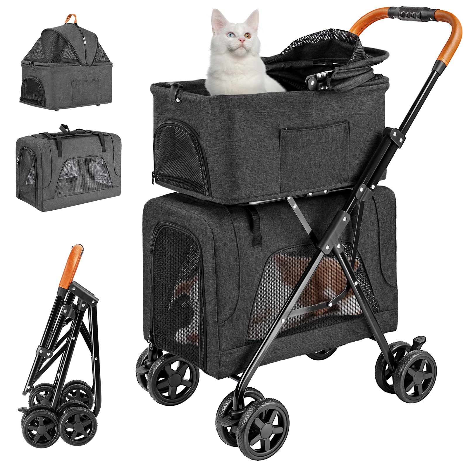 LPOTIUS Double Pet Stroller with Detachable Carrier for Medium Small Dogs and Cats, Lightweight Dog Stroller Travel Carriage with No-Zip Canopy