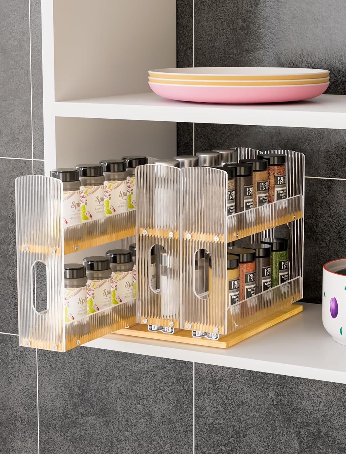 NiHome Bamboo Spice Rack Organizer for Cabinet, 3 Drawer Vertical Pull-Out Storage With Corrugated Acrylic Dividers, Two-Tier Design With Full-Extension Ball Bearing Slides (8.5 Inch Width)