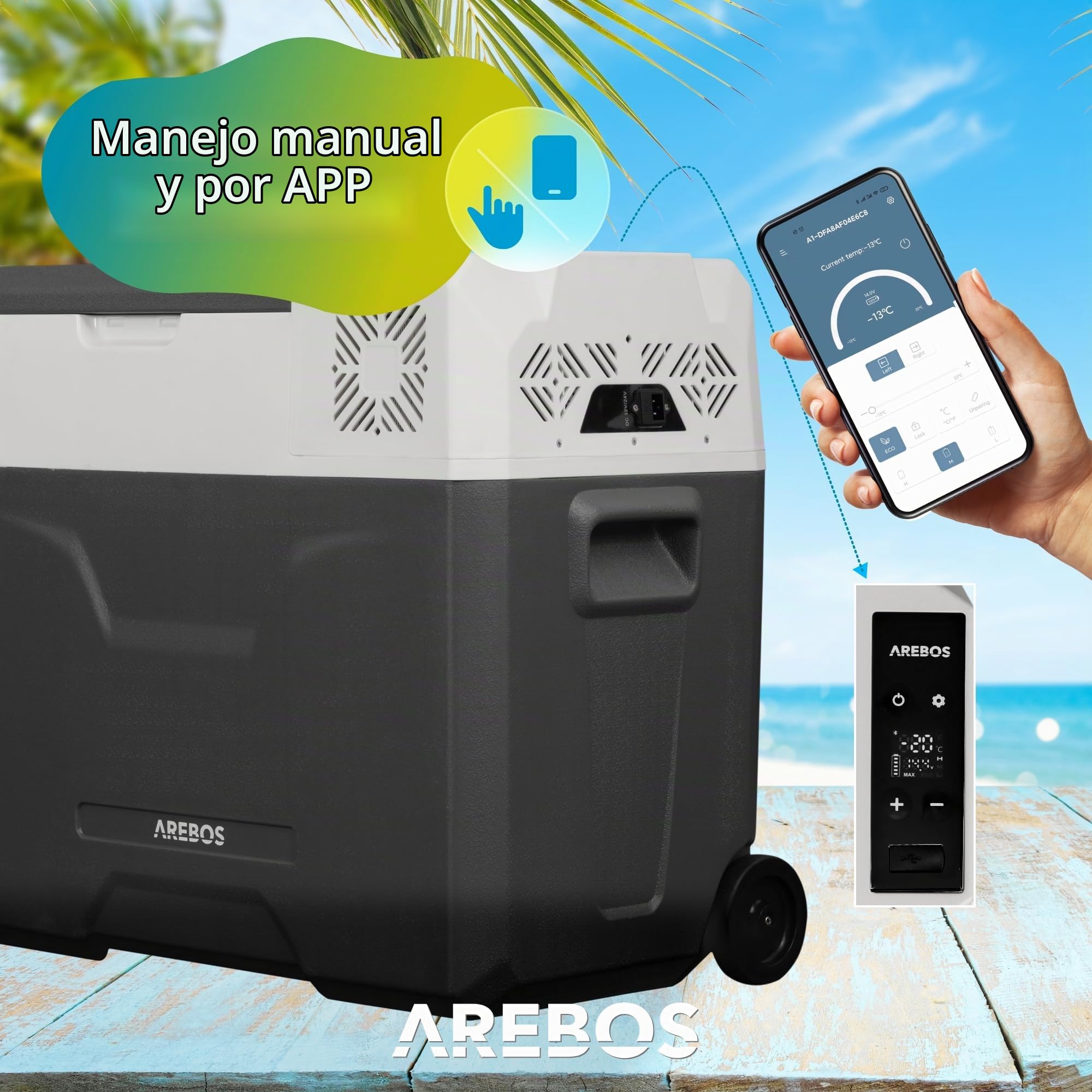 Arebos Nevera de compresor ruedas 47 litros | Congelador eléctrico con control APP para enfriar, congelar y mantener caliente | Refrigeración hasta -20 °C | Nevera para coche