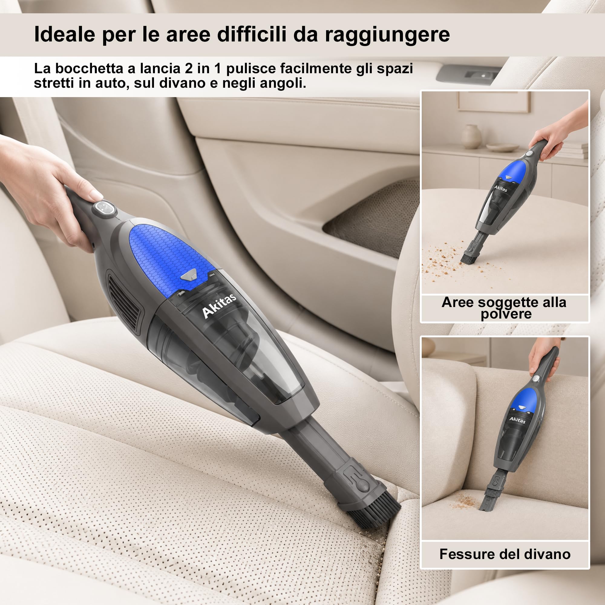 Akitas U10A 2in1 Potente Aspirapolvere Senza Fili Scopa Elettrica Verticale a Batteria Leggero 22,2v 150W con Batteria al Litio Ricaricabile per Pavimenti, Tappeti e Peli degli Animali Domestici