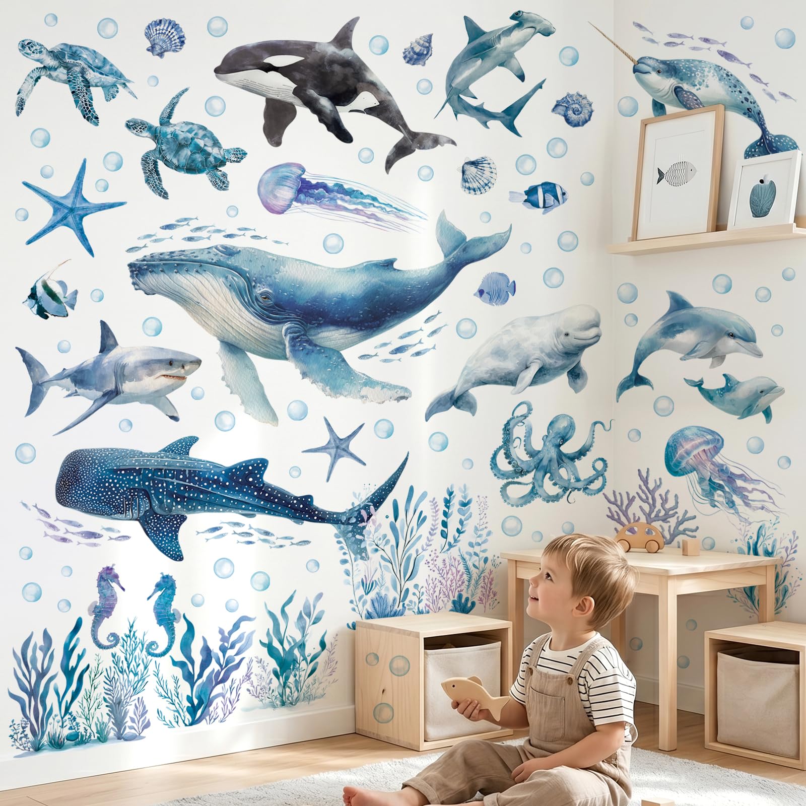 DECOWALL Ocean Animals Wall Stickers – Watercolour Whale Shark Dolphin Sea Life Decals for Kids Bedroom, Nursery & Playroom – Removable Educational Wall Art (SG2-2518)