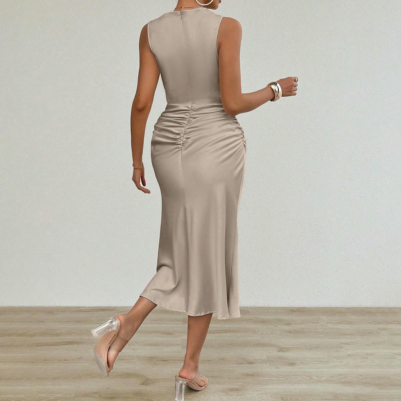 Robe Midi pour Femmes, Élégante Sexy De Soie Drapée Cou Rond Et Élégante-Blanc Cassé-s