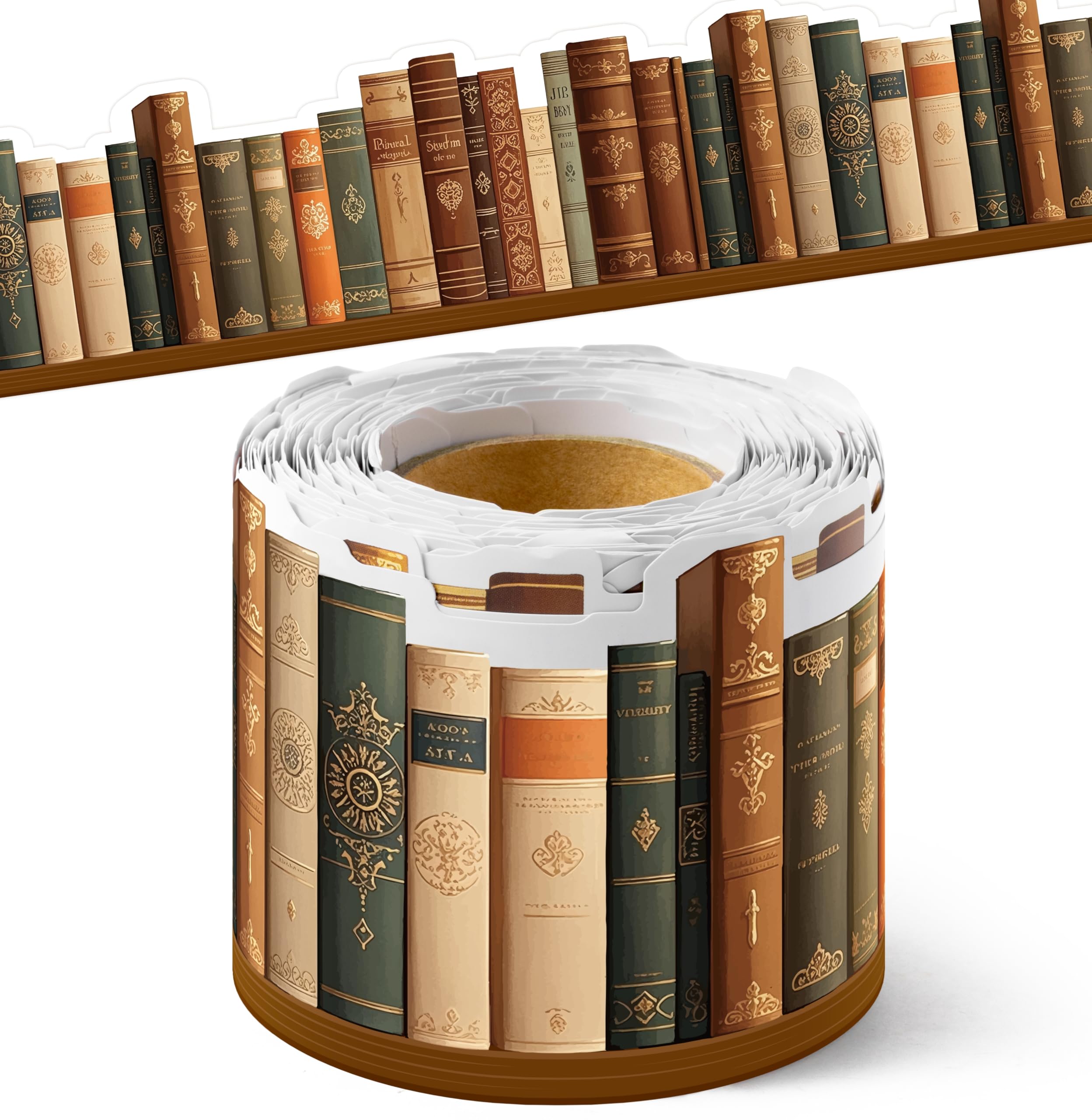 BeYumi Vintage Bookshelf Border Trim - 65ft Back to School Retro Brown Books Rolled Border Trim Bookshelf Bulletin Board Library Classroom Office Chalkboard Home Reading Corner Wall Party Decoration