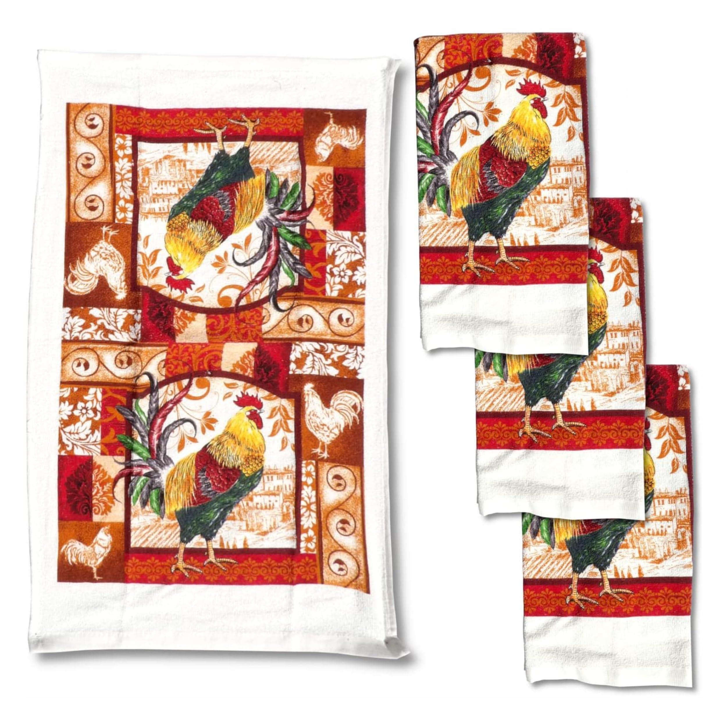 Paquete de 4 paños de cocina ligeros y absorbentes de 15 x 25 pulgadas, algodón y poliéster (gallo rojo)