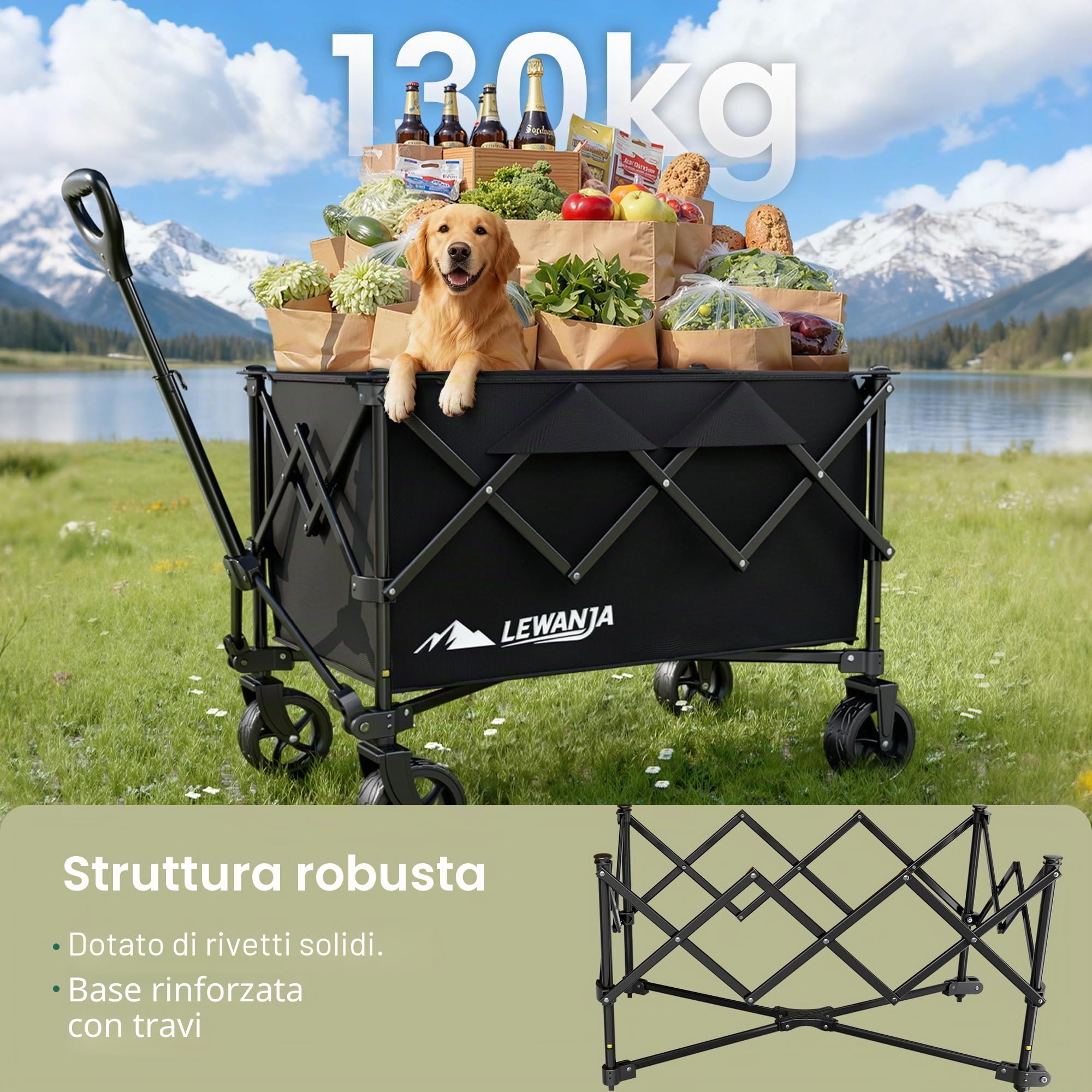 LEWANJA Carrello da Giardino Pieghevole Robusto, Carretto a Mano per Campeggio, Spiaggia, Festival e Spesa, Carrello da Trasporto con Maniglia Regolabile - Capacità 140L e Carico 130kg