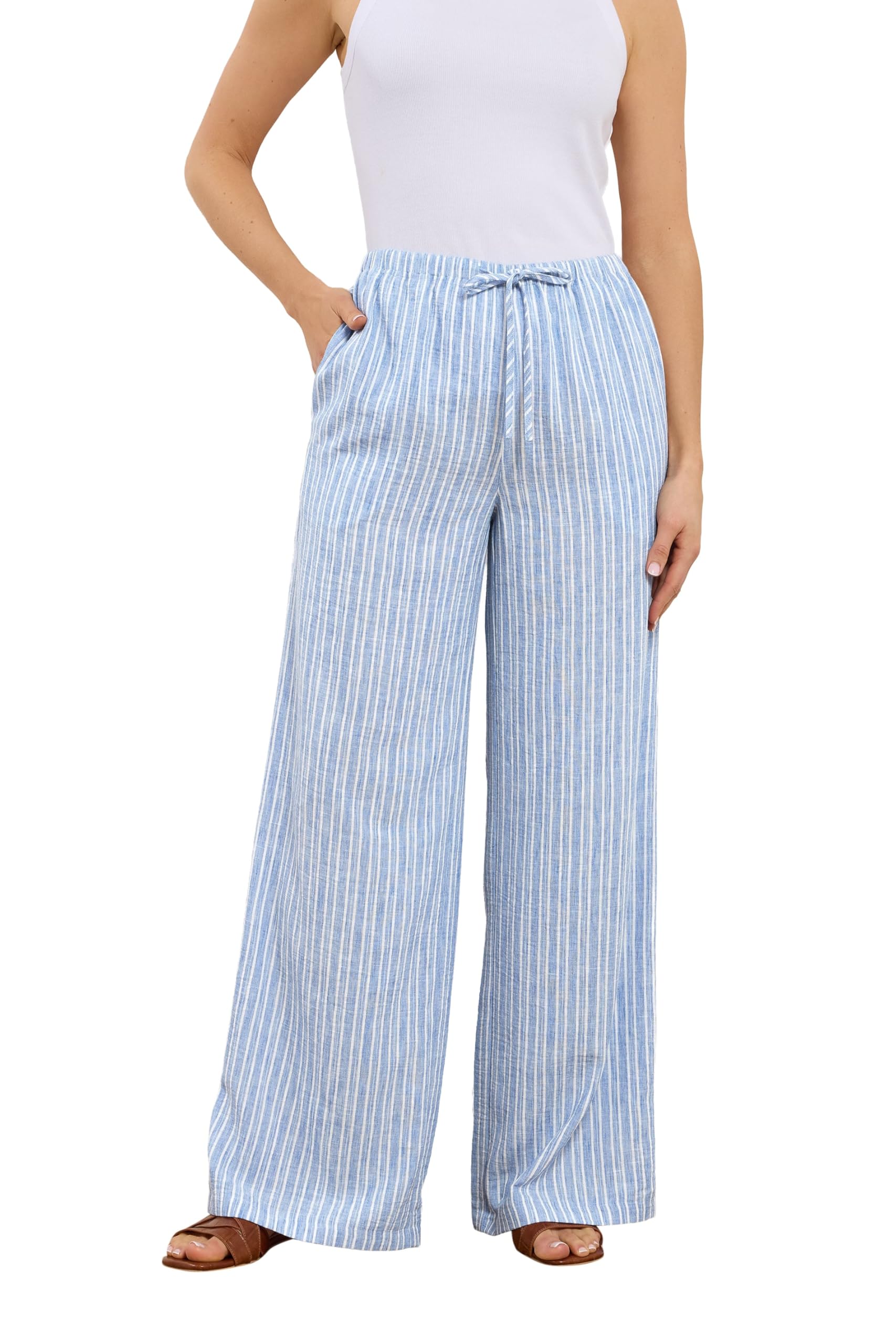 Long Tall Sally Women's Tall Stripe Wide Leg Trousers in Light Blue | Size: 14L