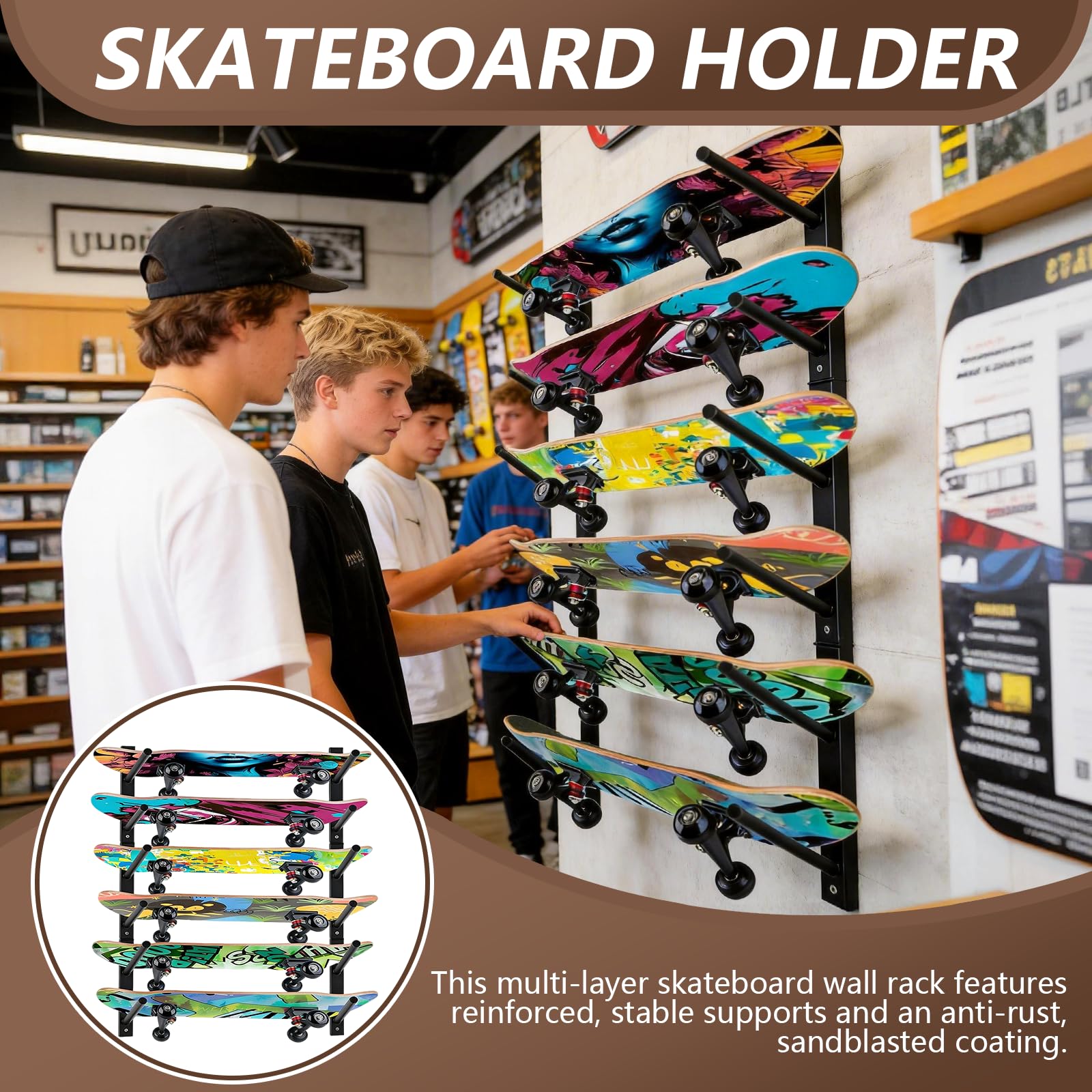 Soporte De Pared Para Monopatines, 6 Niveles, Acero Negro, Universal Para Longboards, Snowboards Y Wakeboards
