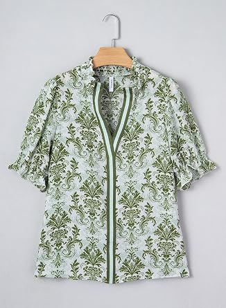 Dokotoo Women's Summer Boho Floral Ruffle Shirt Puff Short Sleeve V Neck Casual Trendy Cute Blouse Tops