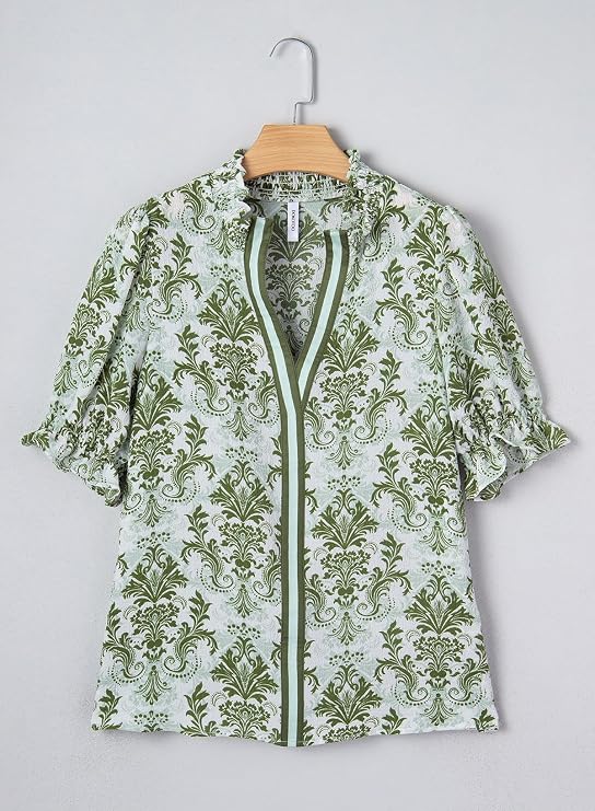 Dokotoo Women's Summer Boho Floral Ruffle Shirt Puff Short Sleeve V Neck Casual Trendy Cute Blouse Tops