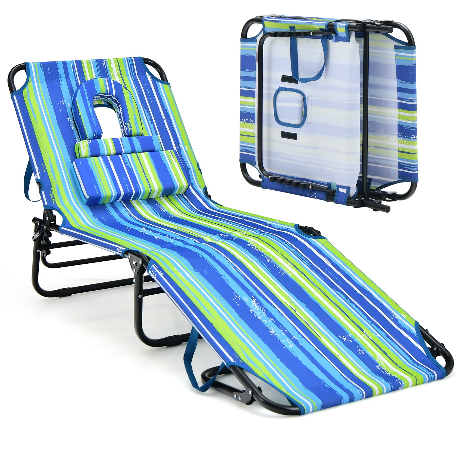 HAPPYGRILL Beach Chaise Lounge Chair with Face Hole & Detachable Pillows, Portable Sunbathing Tanning Chair with 5 Adjustable Positions, Foldable