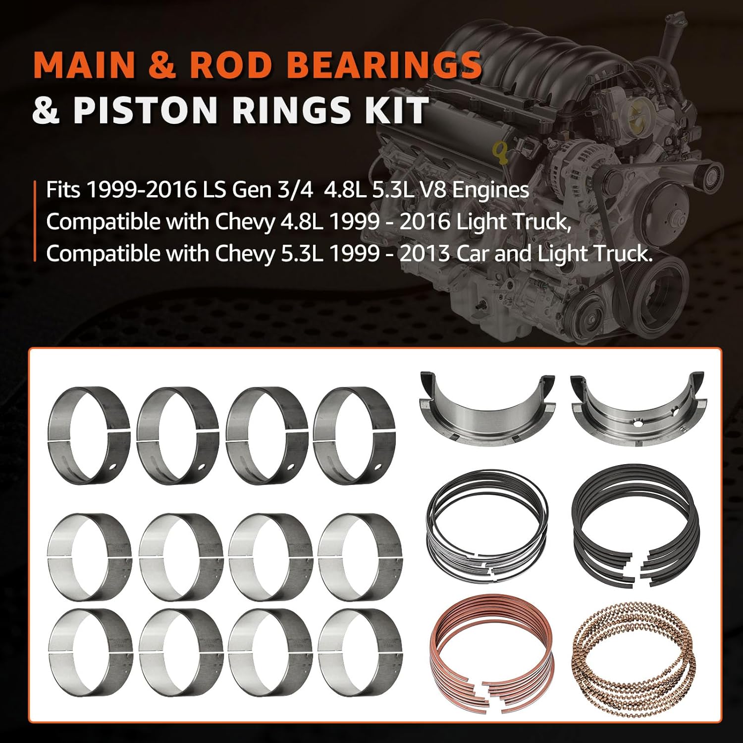STD Main & Rod Bearing w/Piston Rings Fit for Chevy GM LS Gen III IV 4.8L 5.3L - LM7 LR4 L59 LS4 LY2 L20 LY5 LMG LMF LH6 LC9 L33 V8 1999-2016 Engine Replace# 2M4978 MS2199 BB253J CB663 41859CP