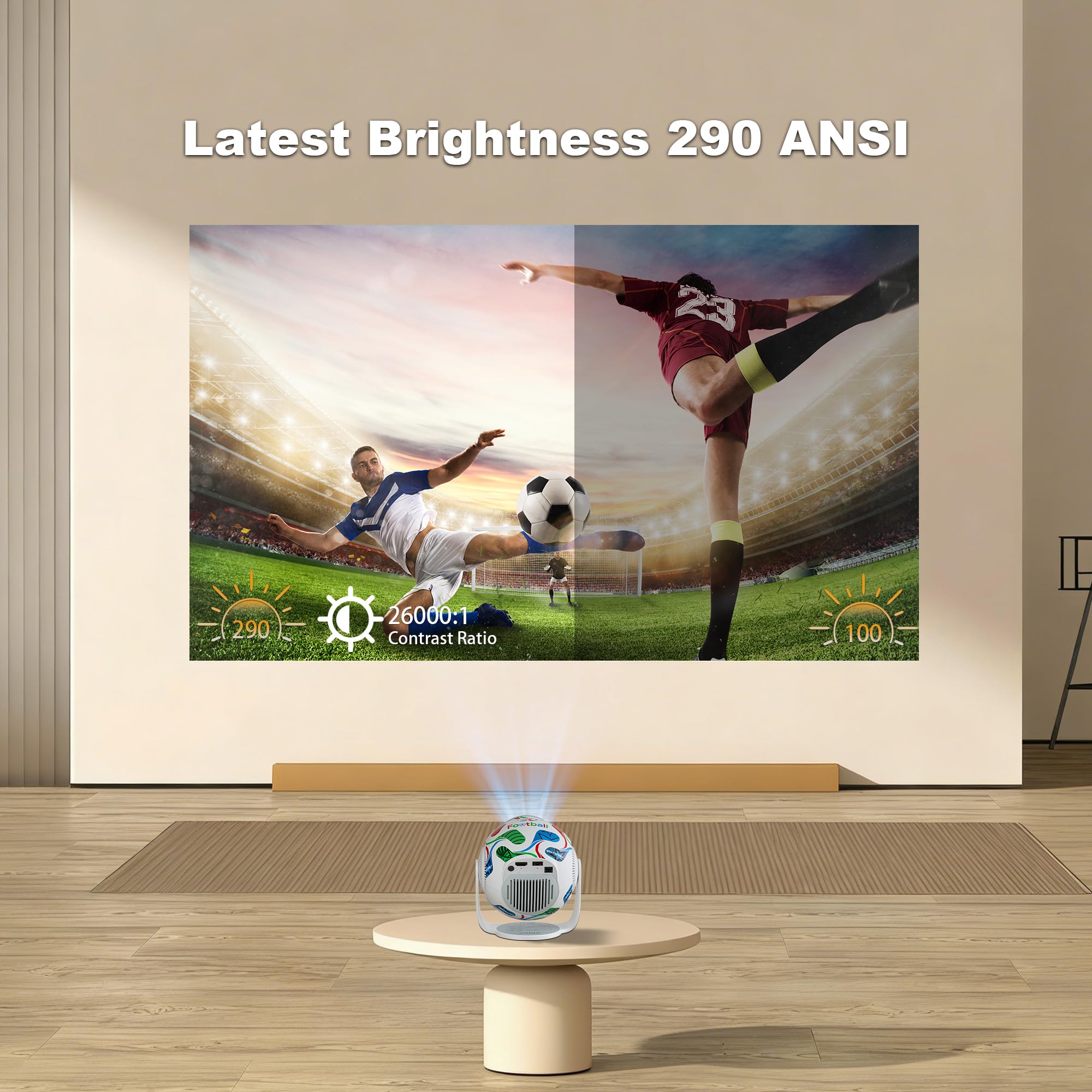 Proiettore compatto 2026, con supporto fino a 8K e 290 ANSI, rotabile di 270° con correzione automatica della distorsione verticale, WiFi 6 e Bluetooth 5.4