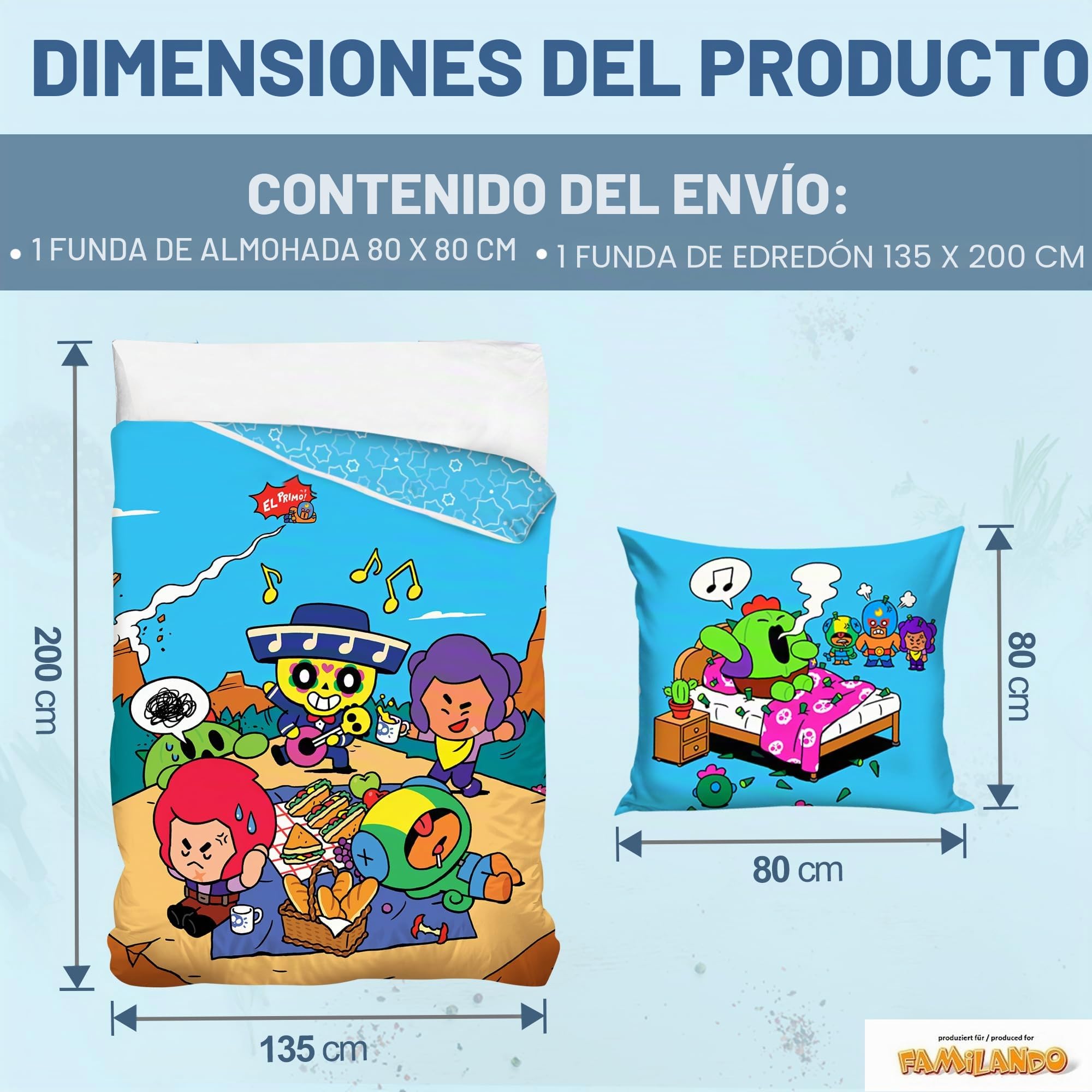 Juego de cama Brawl Stars de 2 piezas 135x200 80x80 cm - Set para niños en calidad Renforcé de 100% algodón con cremallera - color permanente, lavable a máquina, Öko-Tex, motivo EL Primo azul
