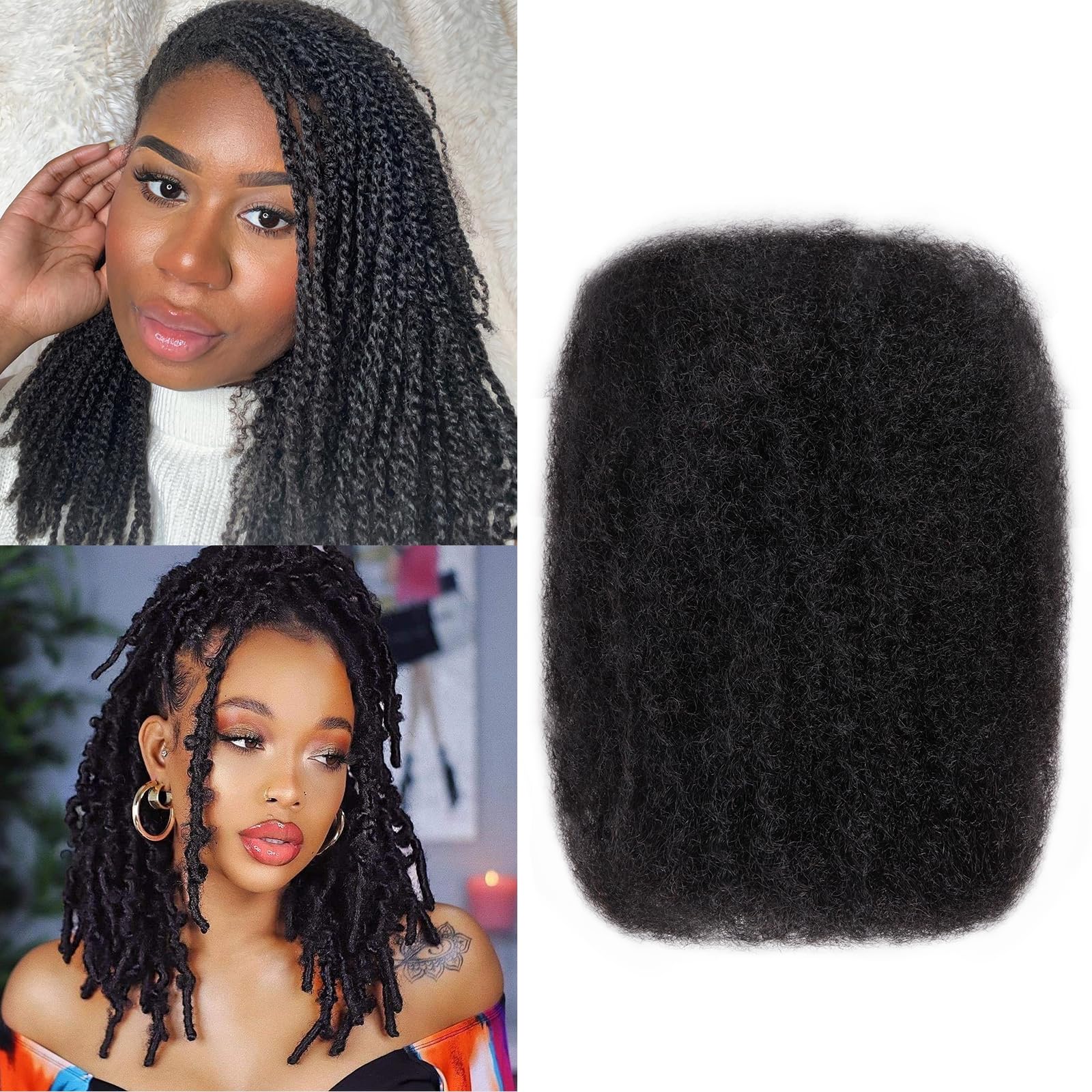 Afro Kinkys Bulk Human Hair For Braiding Afro Kinky-Curly Human Hair Bulk For Mini Twist Hair 14Inchs 50g/pack Bulk Human Braiding Hair For Micro Locs Extensions (1B, 14Inchs,50g/pack)