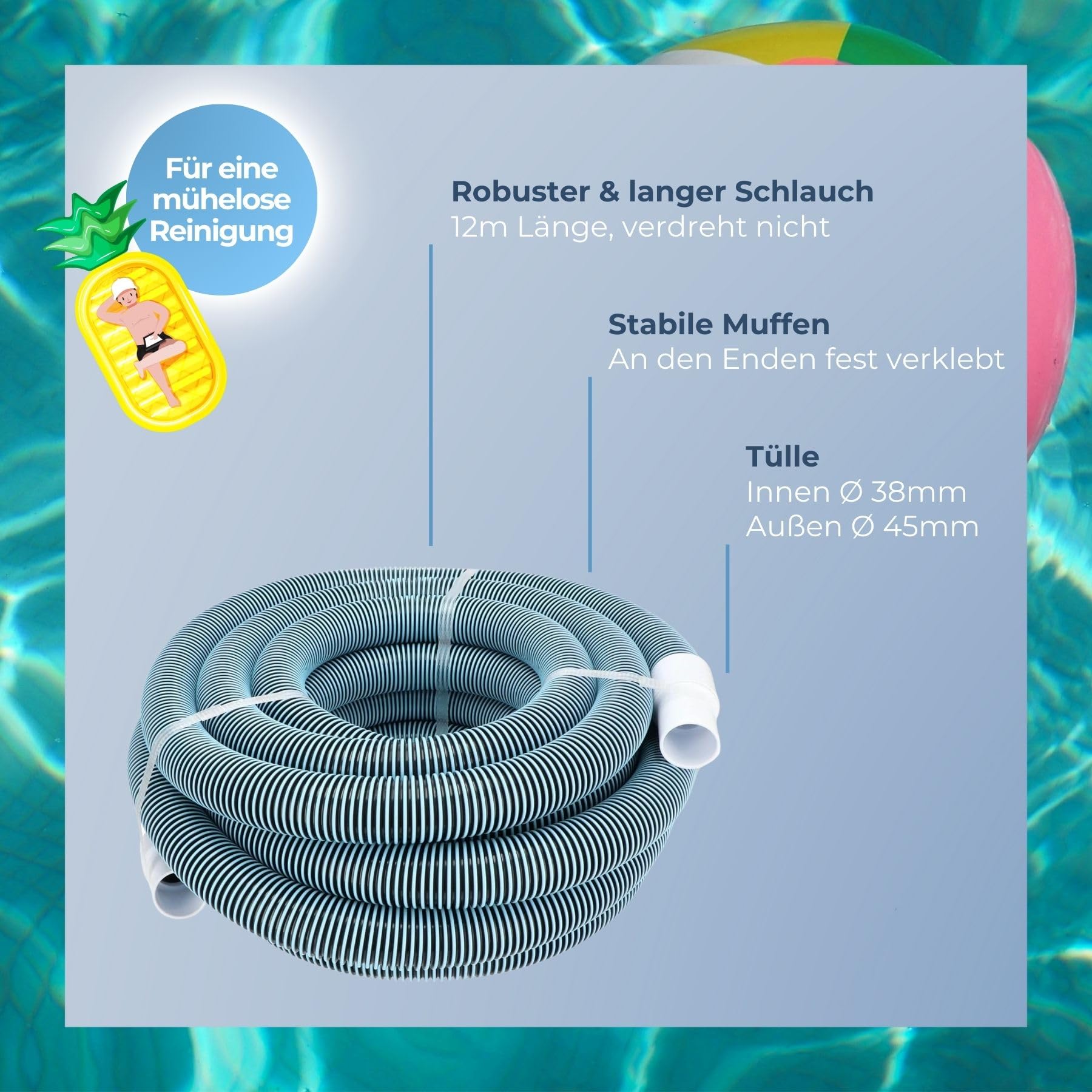 Poolschlauch 38mm I Länge 12m I Saugschlauch mit stabilen Muffen I Schwimmschlauch für Bodensauger I Pool Schlauch 38mm schwarz I Schlauch für Poolsauger I Hochwertiges Pool Zubehör