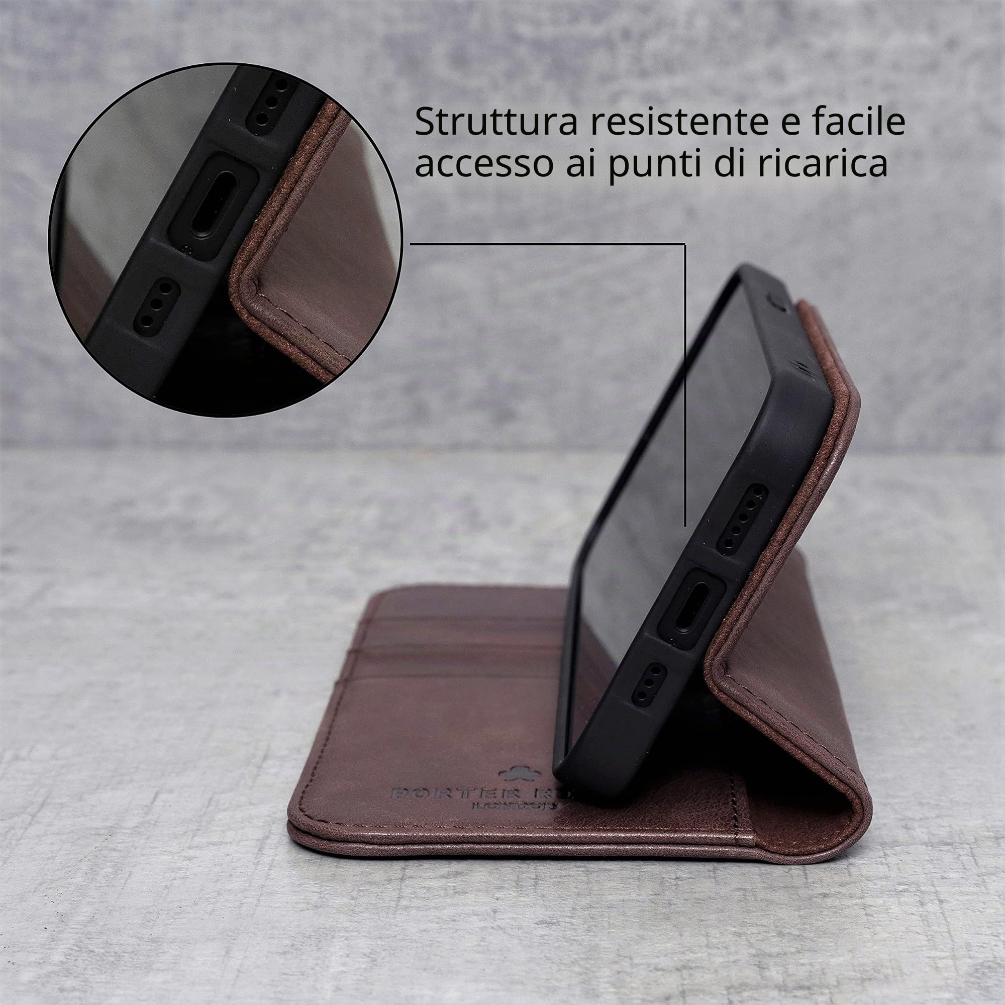 Porter Riley - Custodia in Pelle per iPhone 11 (6.1"). Supporto/Copertura/Portafoglio Slot Per Schede, Supporto Orizzontale, Telaio Resistente (Marrone Cioccolato)