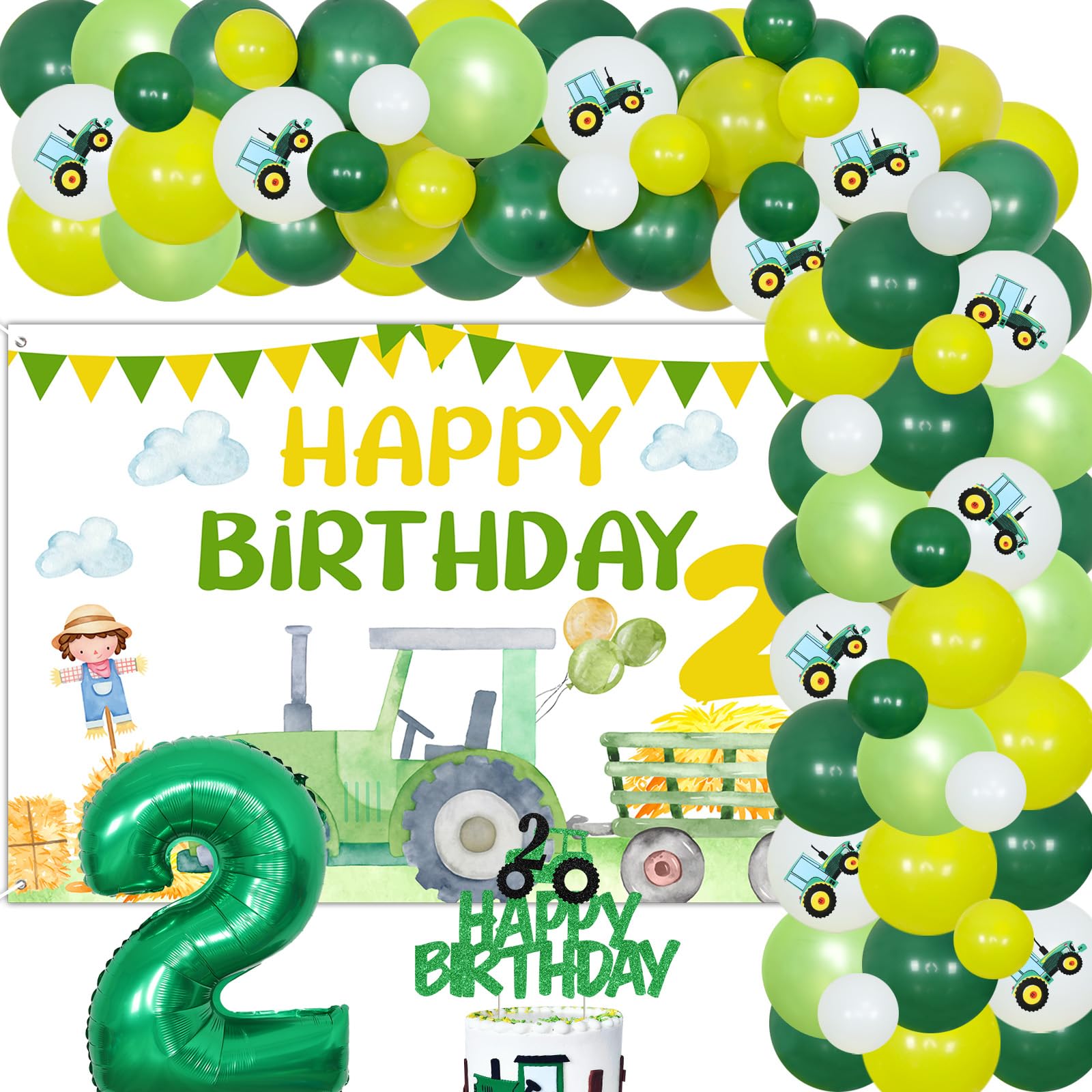 Sursurprise Tractor 2nd Birthday Decorations, Tractor Backdrop Balloon Garland Arch Kit Cake Topper for Farm Theme Two Birthday Party Supplies