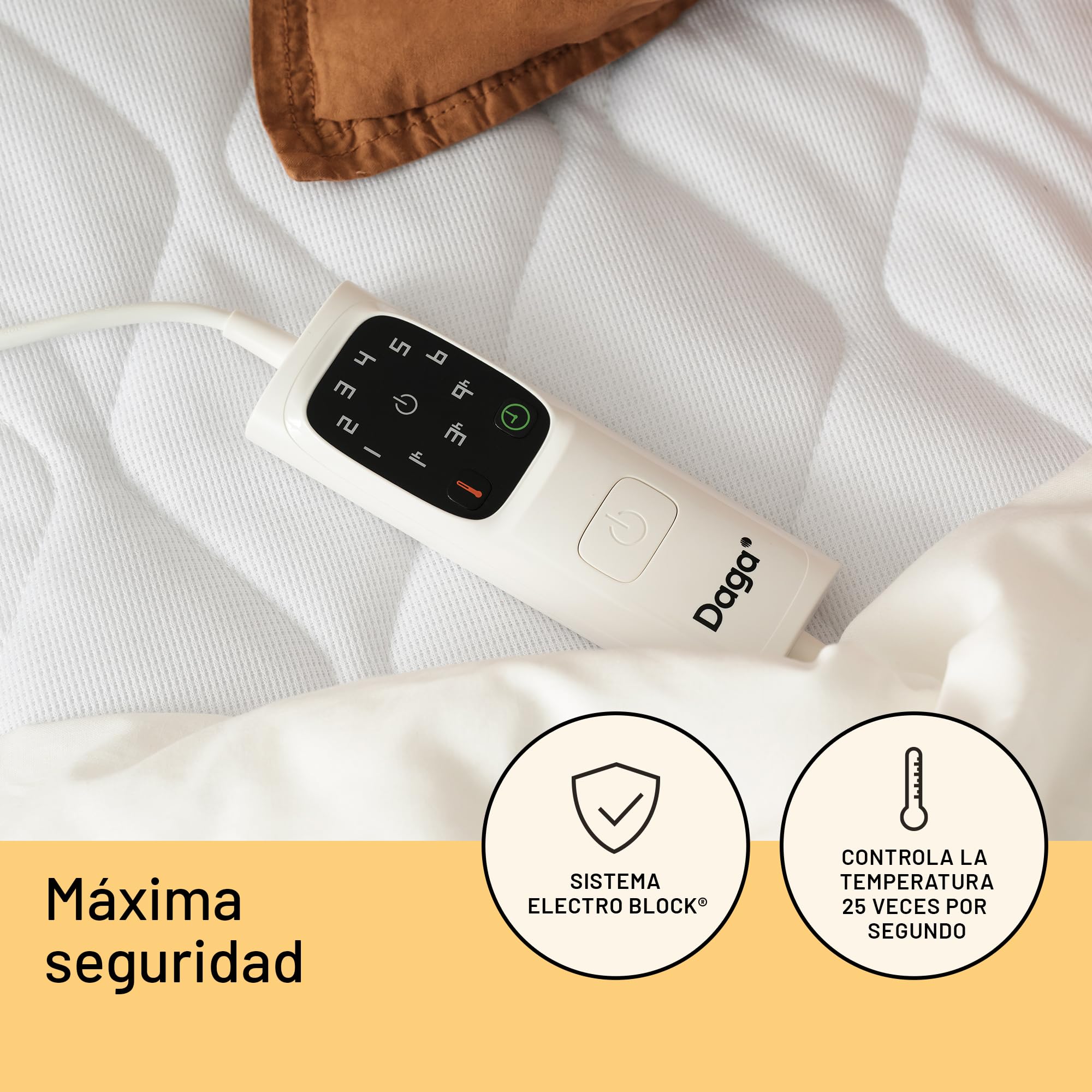 Cubrecolchón Térmico Individual Daga Intellisense 195×90 cm, antialérgico OEKO-TEX, esquinas elásticas, 6 niveles de temperatura, temporizador 1/3/9 h, Electro Block, lavable 30°C, mando extraíble