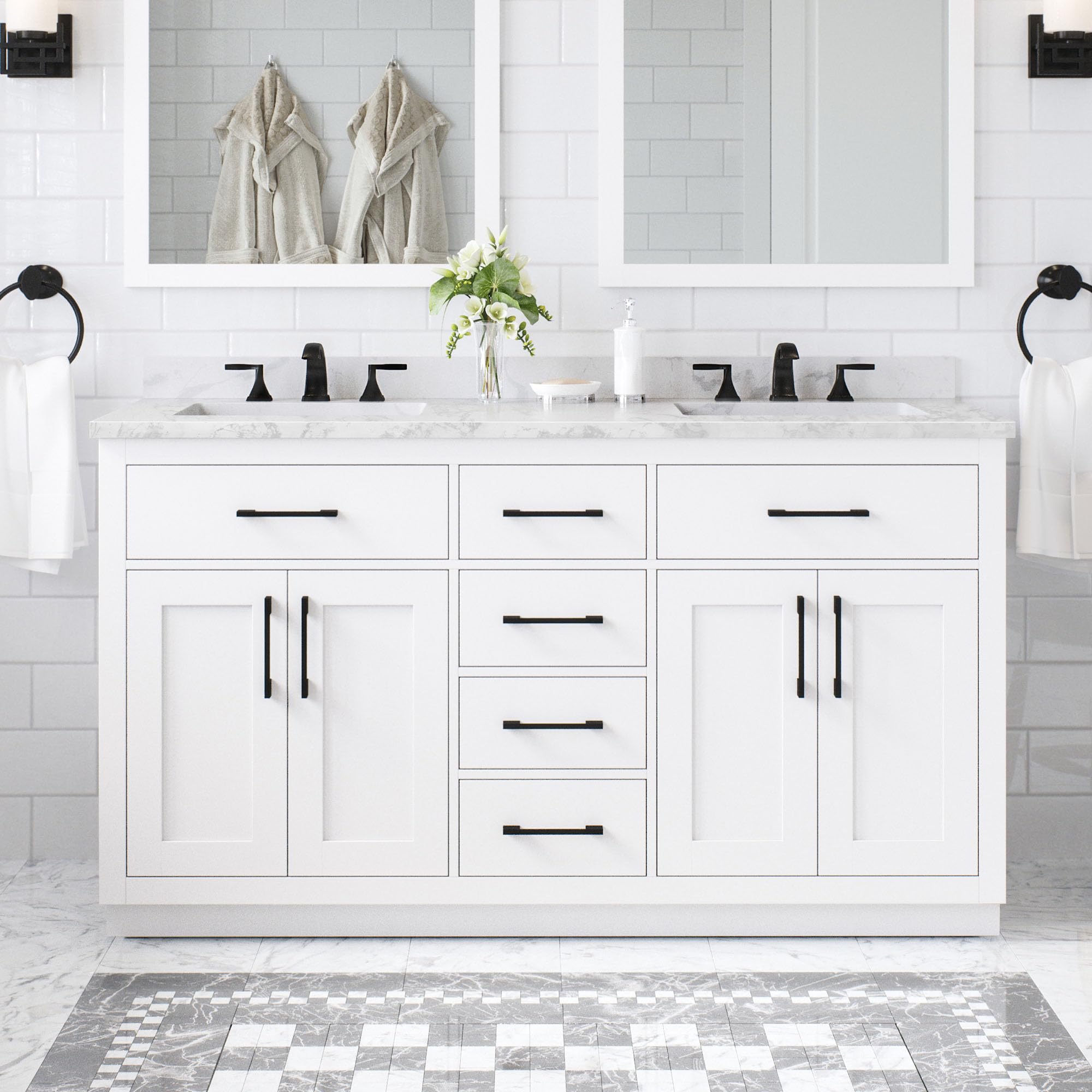 OVE Decors Athea 60" White Bathroom Vanity, Matte Black Hardware