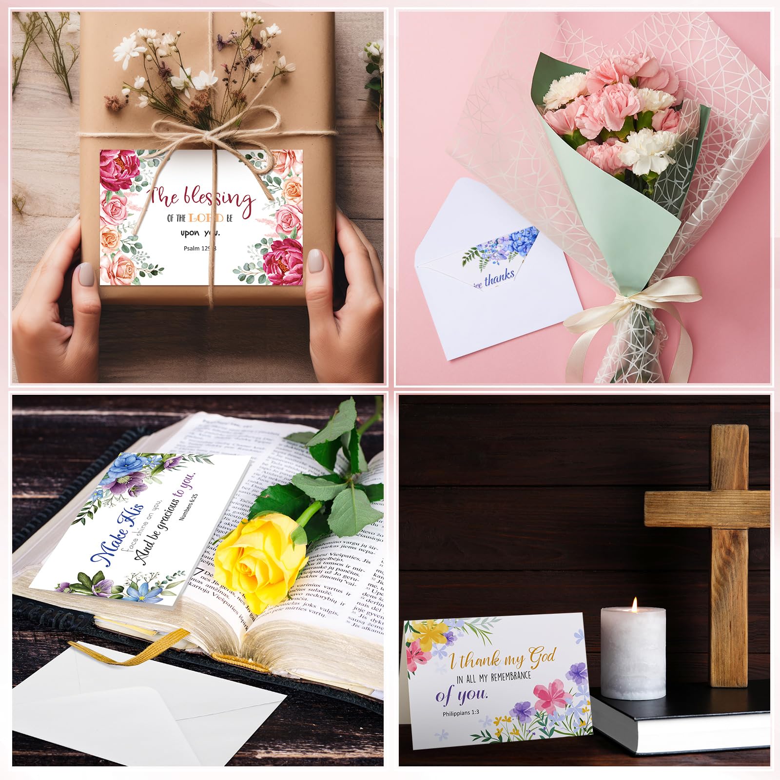 Motiskyy Paquete de 100 tarjetas religiosas de agradecimiento a granel con sobres, calcomanías, 10 diseños surtidos con bendiciones de las Escrituras, versículo bíblico inspirador, tarjetas de