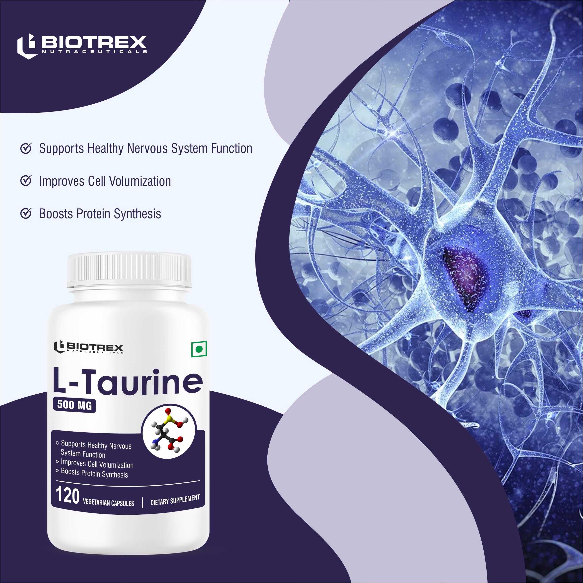 Biotrex Nutraceuticals L-Taurine 500mg Supplement, Energy, Heart, Brain & Eye Health Support, Cardiovascular system, 120 Vegetarian Capsules 3