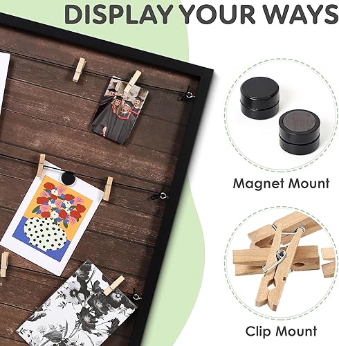 Miniatura 3 de Houseables Marco magnético para collage de fotos, 20 x 20 pulgadas, madera rústica oscura, tablero de fotos colgante, con clips, 10 imanes, para