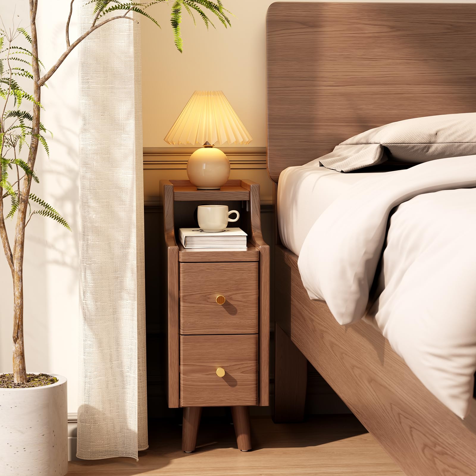 AQIMUELE Walnut Solid Wood Narrow Nightstand