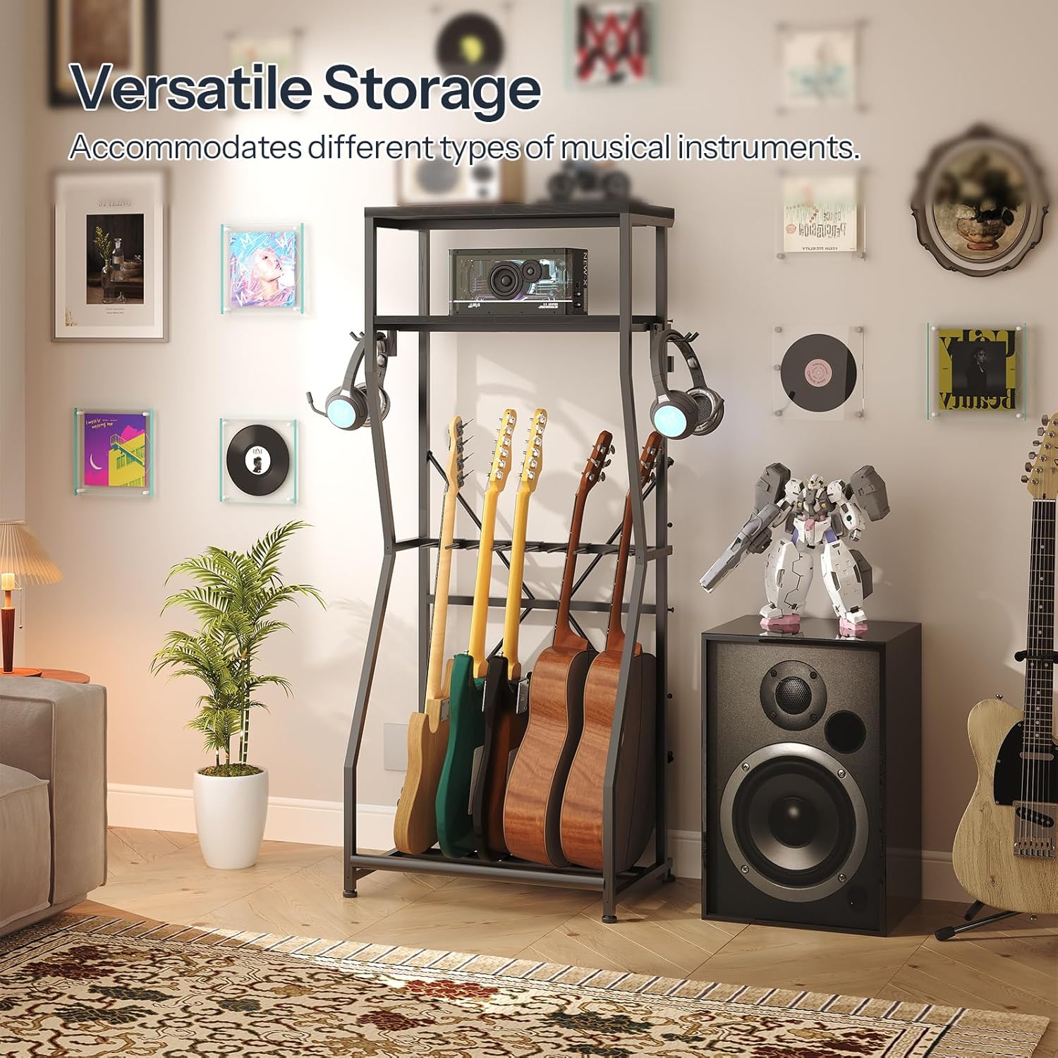 HOOBRO Guitar Stand with various instruments and accessories on shelves