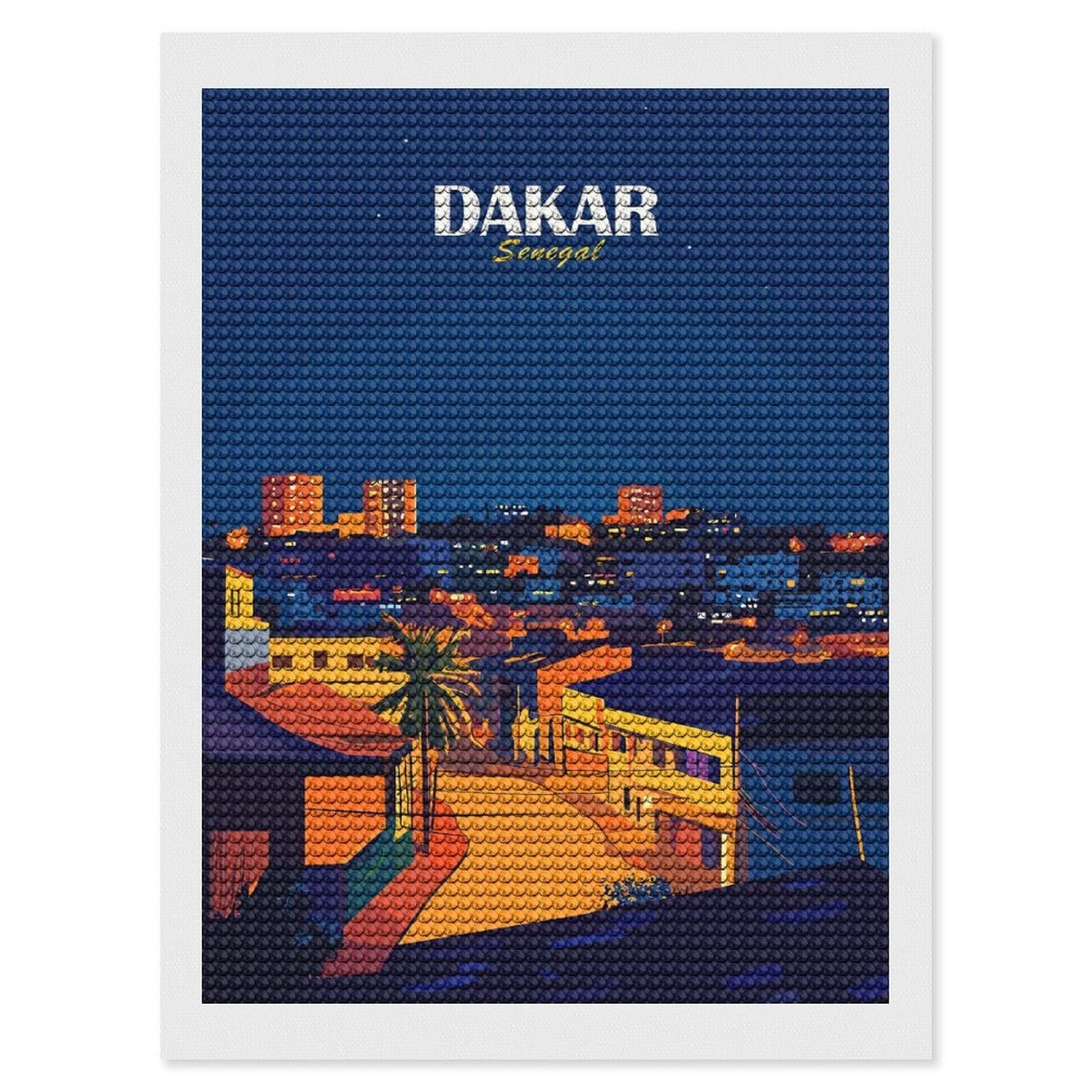 Junmoney Dakar, Senegal Cityscape at Night Diamond Art Canvas 12"x16", for Creative Relaxation, Simple to Start, Aesthetic Room Decor, Holiday Gift Idea
