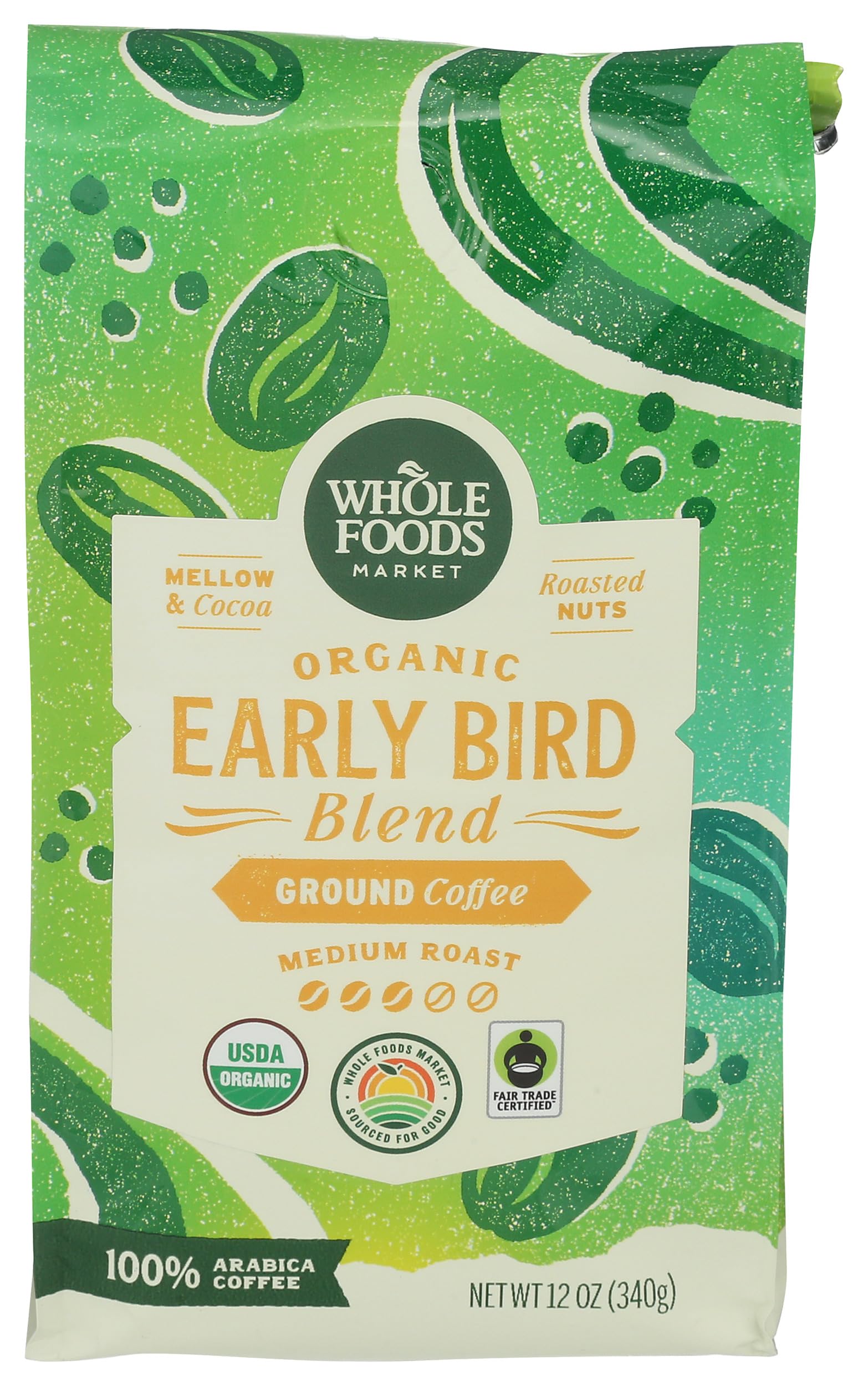 Whole Foods Market, Organic Early Bird Blend, Medium Roast Ground Coffee, Cocoa & Roasted Nuts, 12 Ounce
