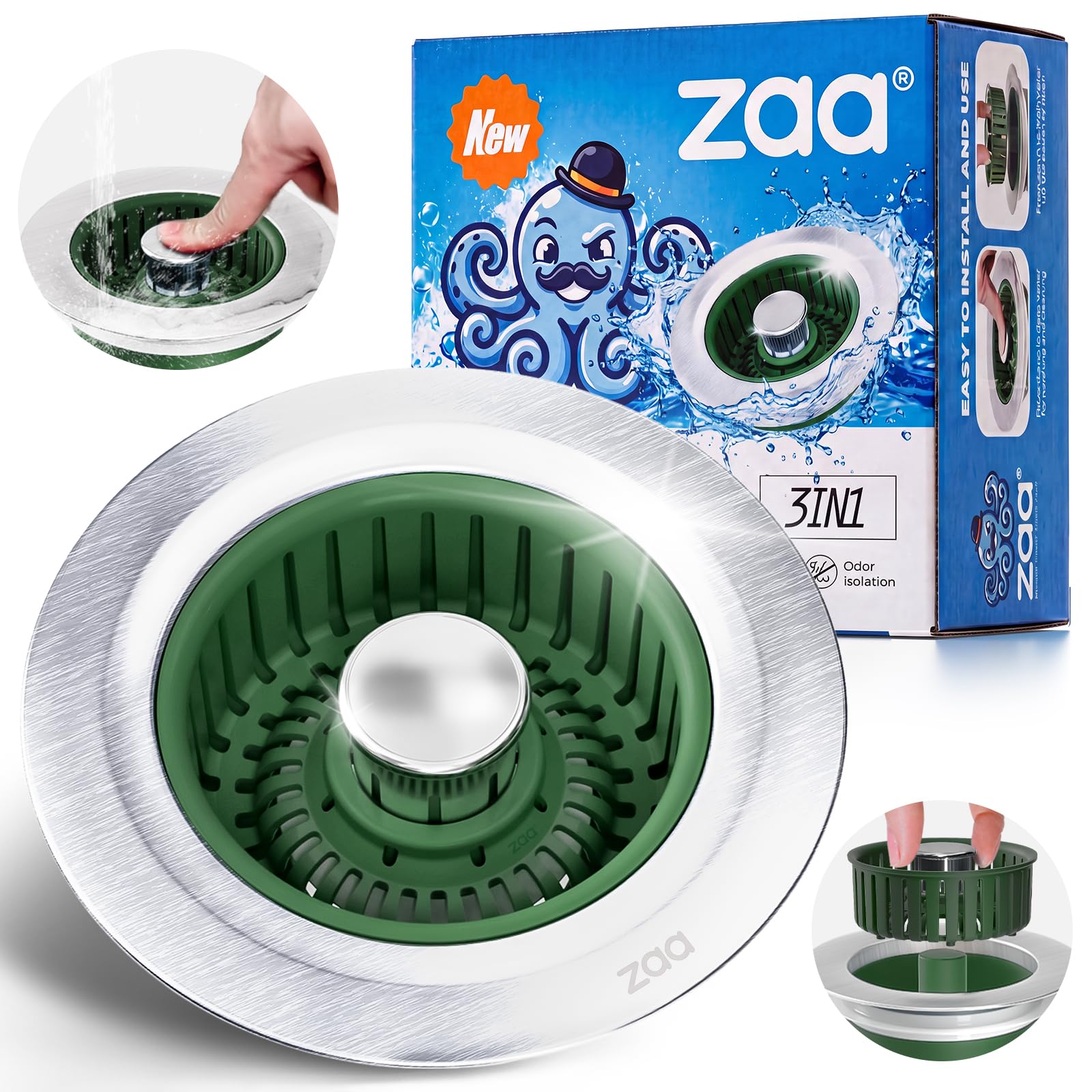 zaa 3 in 1 Kitchen Sink Drain Strainer Stopper Removable Basket Pop-Up