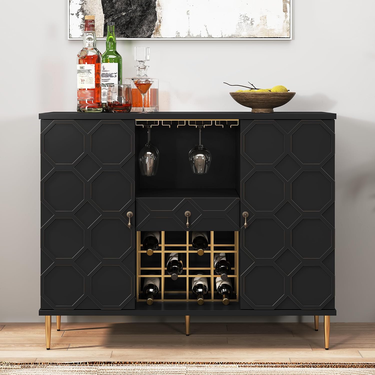 Modern Bar Cabinet with Drawer, Liquor Cabinet with Wine Glass Racks and Shelves, Geometric Door Buffet Sideboard for Dining Room, Living Room, Kitchen, Black