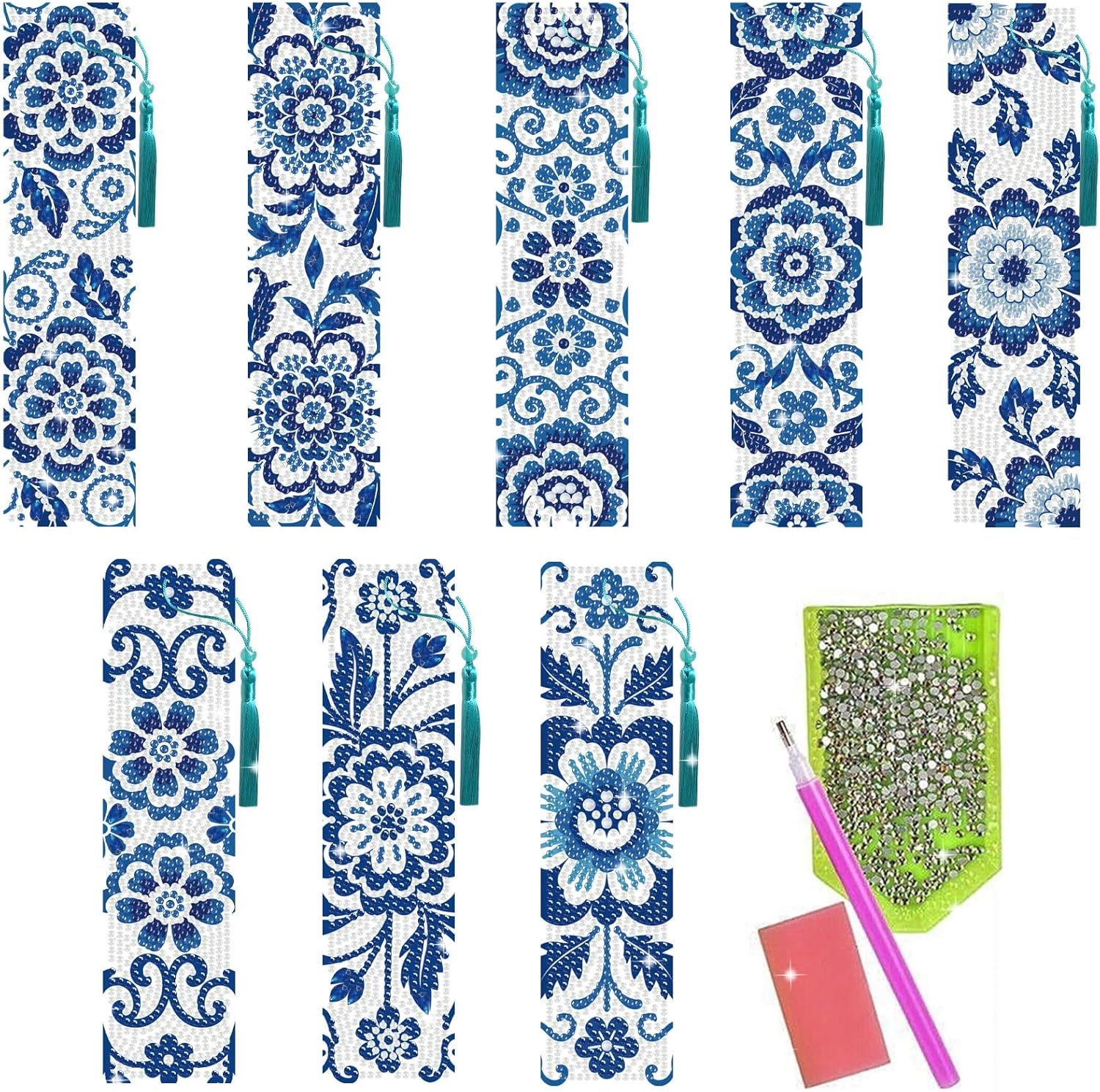 benikmake 8pcs Blue Pattern Diamond Drawing Bookmark Vintage Diamond Painting Bookmark Kits for Adult Chinese Style 5D Gem Art Book Marks for Beginner Craftsman 1.96x7.87in