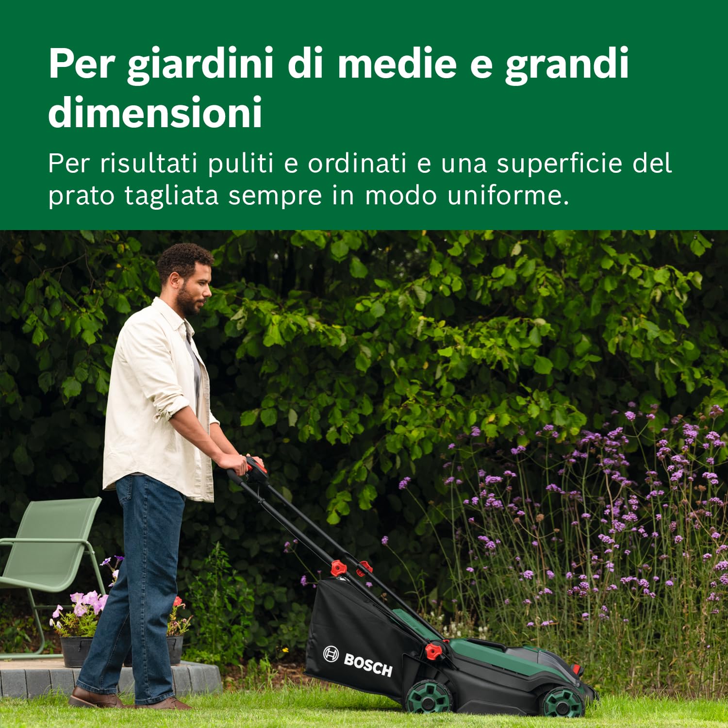 Bosch Rasaerba a batteria ROTAK18V2-38 senza batt./caric. | larghezza di taglio: 38 cm, altezza di taglio: 30-75 mm, sacco raccoglierba in tessuto da 40 l, tappo per pacciame