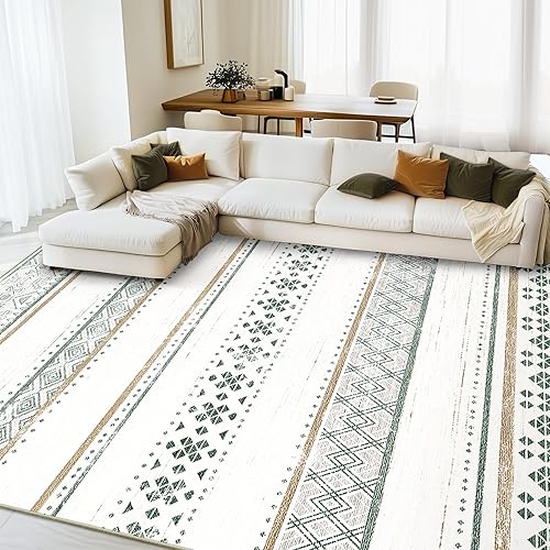BESTSWEETIE 8x10 Area Rugs for Living Room Washable Moroccan Farmhouse Neutral Geometric Low Pile Non-Slip Soft Print Pattern Rug for Bedroom Kitchen Dining Room Entryway Green/Brown/Brown